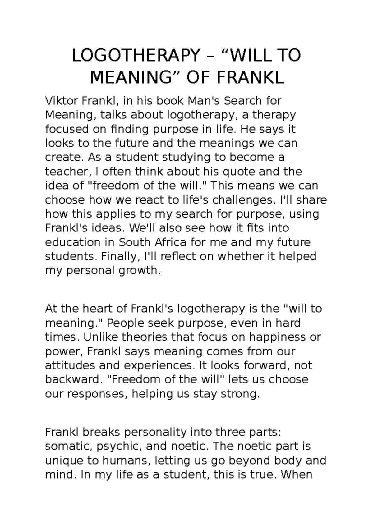 EXAM Questions on Logotherapy: Insights from Viktor Frankl - Studocu
