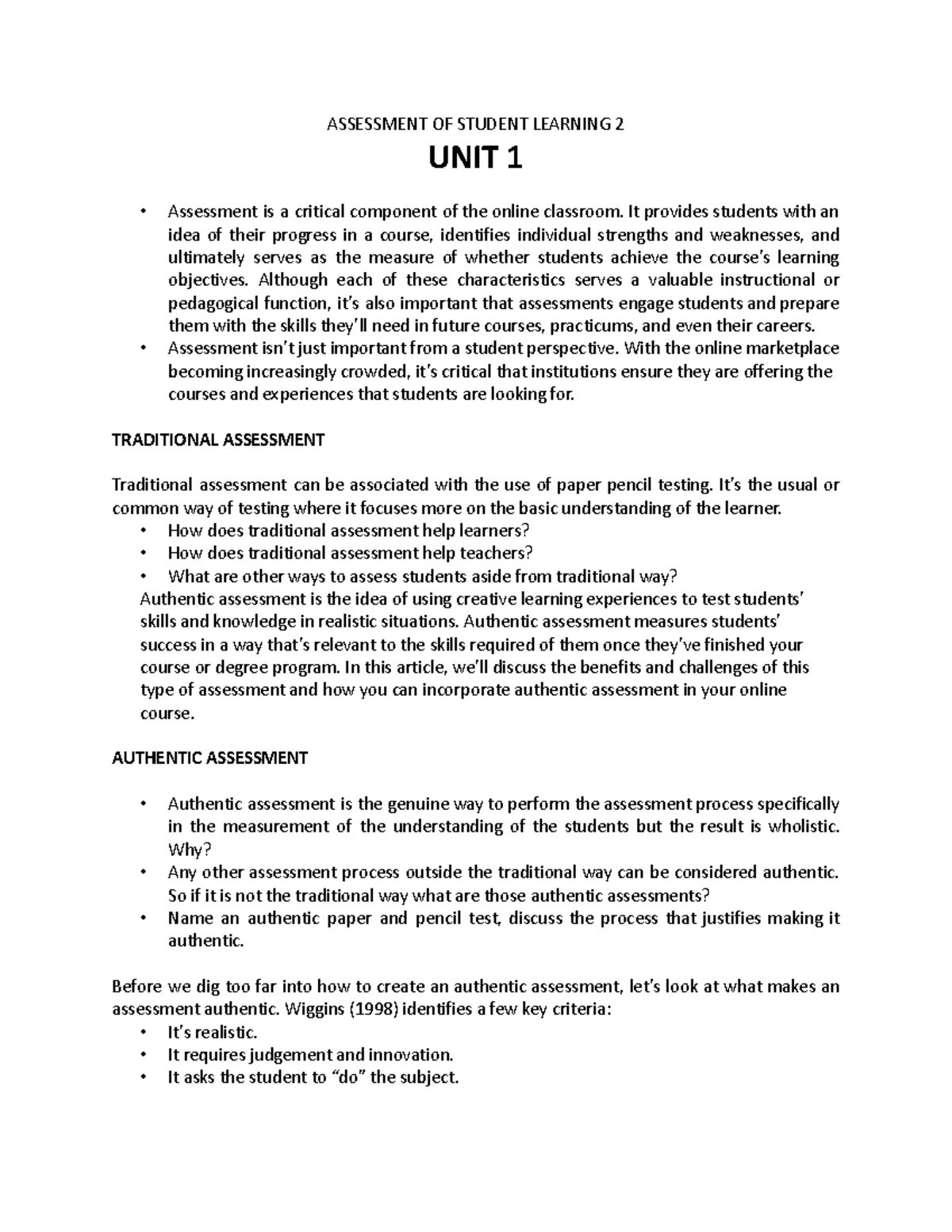 Unit 1 Midterm - ASSESSMENT OF STUDENT LEARNING 2 UNIT 1 Assessment is ...