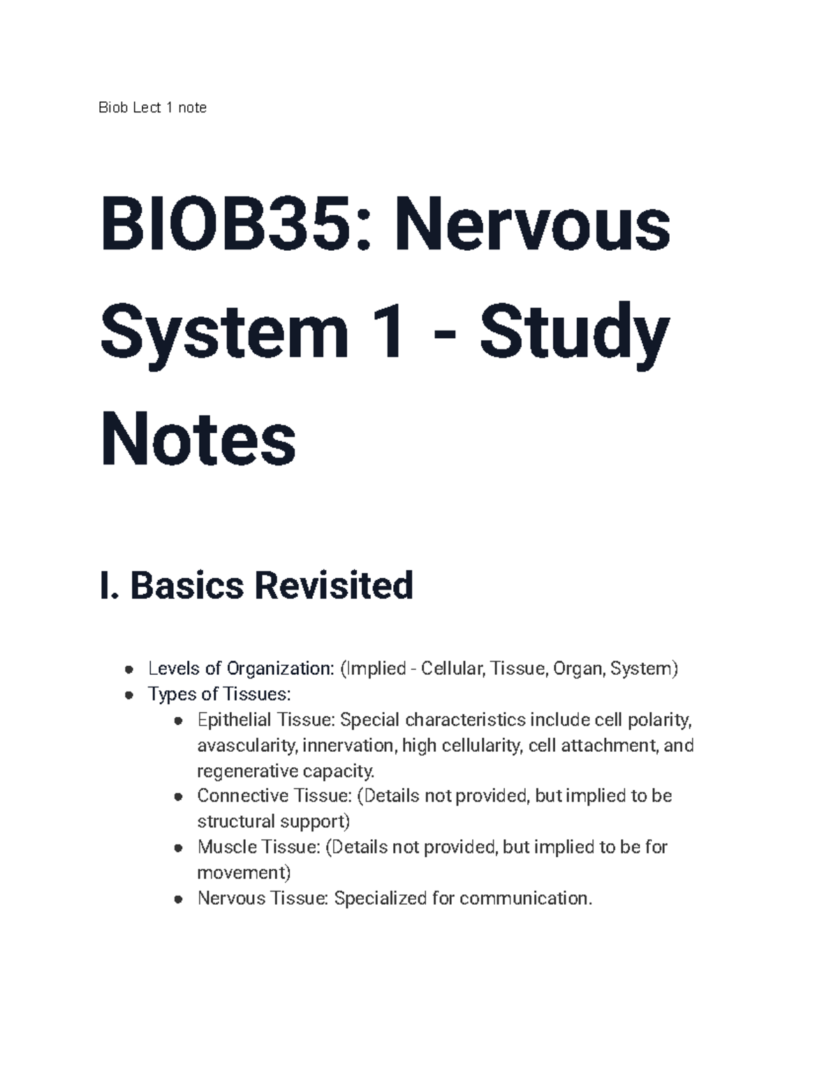 BIOB35: Nervous System Study Notes - Lecture 1 Overview - Studocu