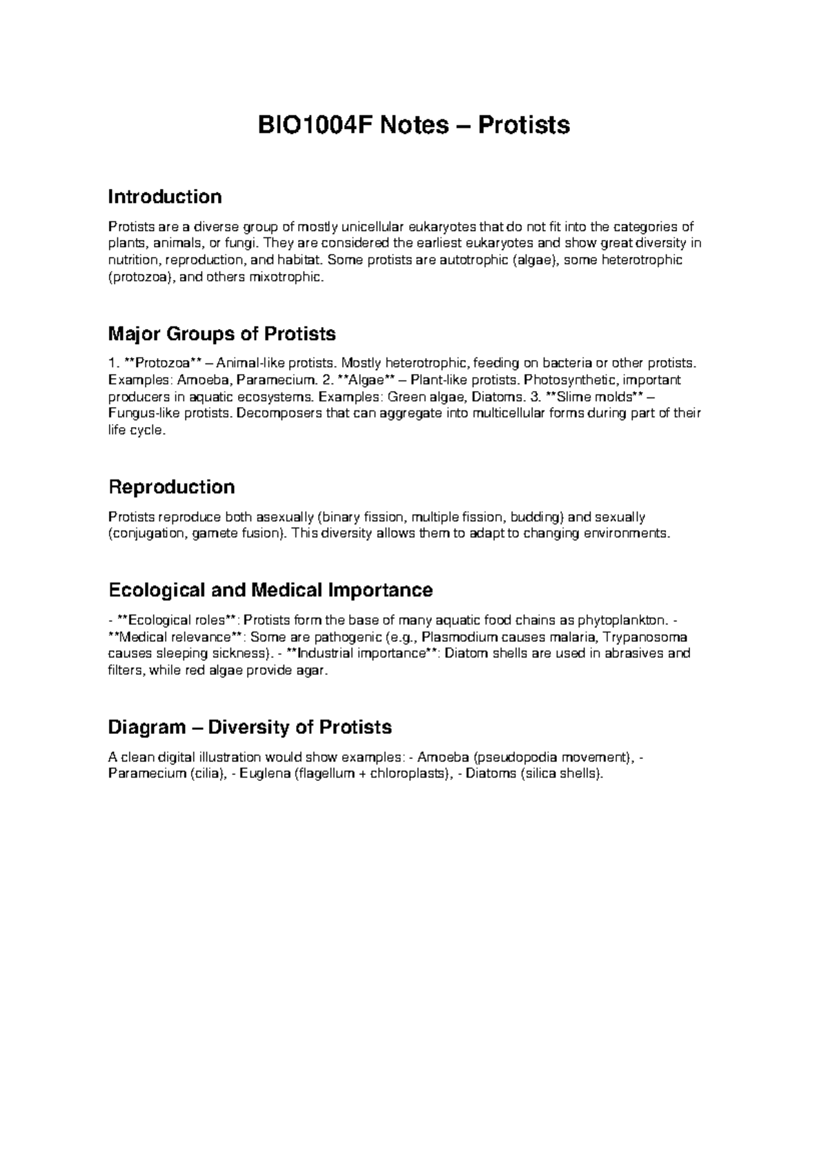 BIO1004F Lecture Notes: Introduction to Protists and Their Diversity ...