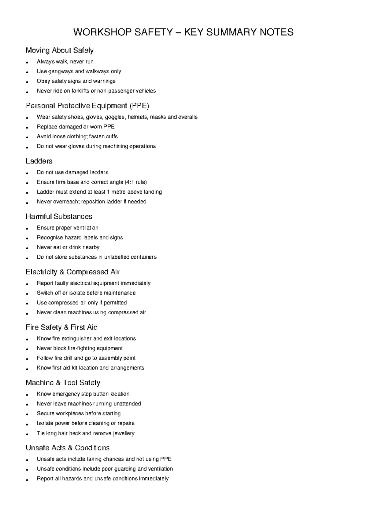 WORKSHOP SAFETY SUMMARY NOTES - DRAWING PRACTISE PACK - Studocu