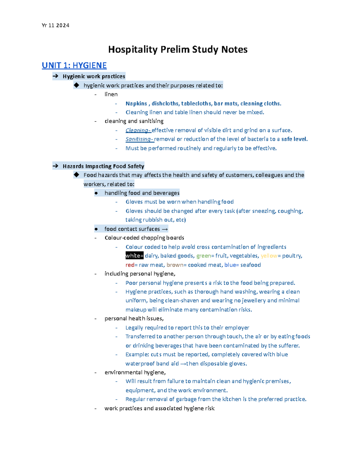 Yr 11 2024 Hospitality Prelim Study Notes: Hygiene & Safety Practices ...
