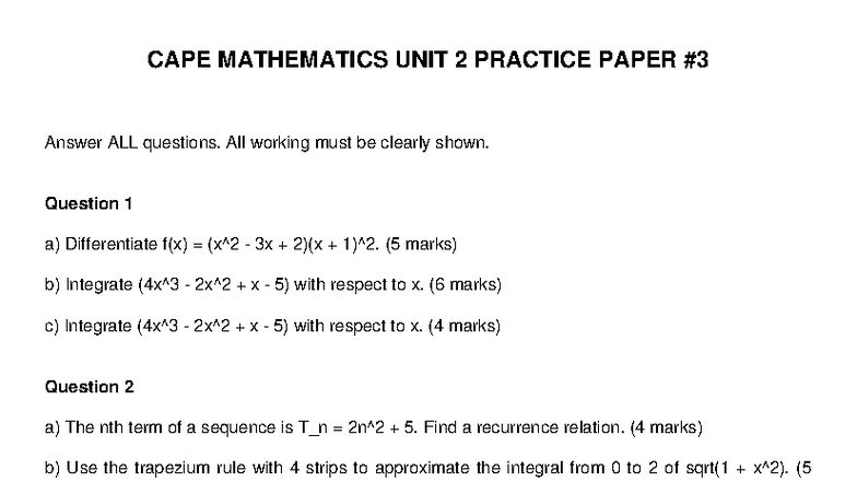 CAPE MATHEMATICS UNIT 2 PRACTICE PAPER - Questions & Solutions - Studocu