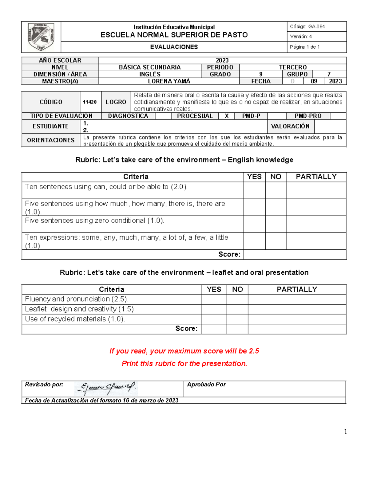 GA-064: Rubric for Environmental Care Leaflet Evaluation - Studocu
