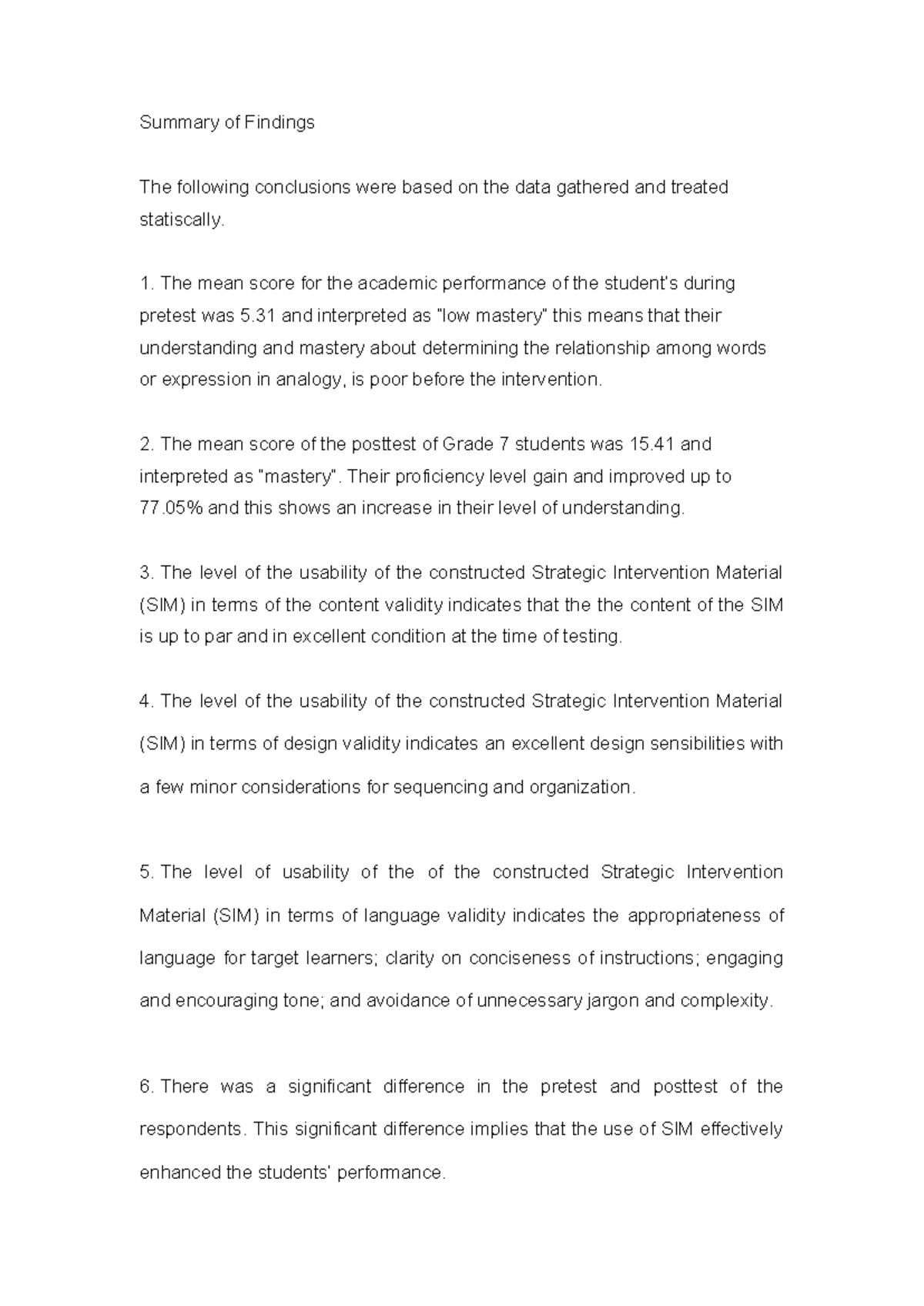 Findings Summary of SIM Effectiveness in Grade 7 Performance Analysis ...