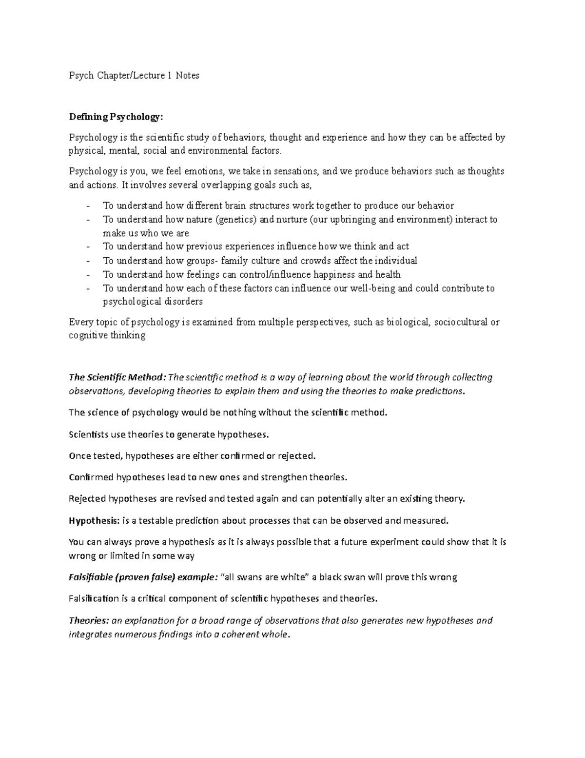 Pysch Chapter 1 Notes - Textbook used in course was, Introduction to ...