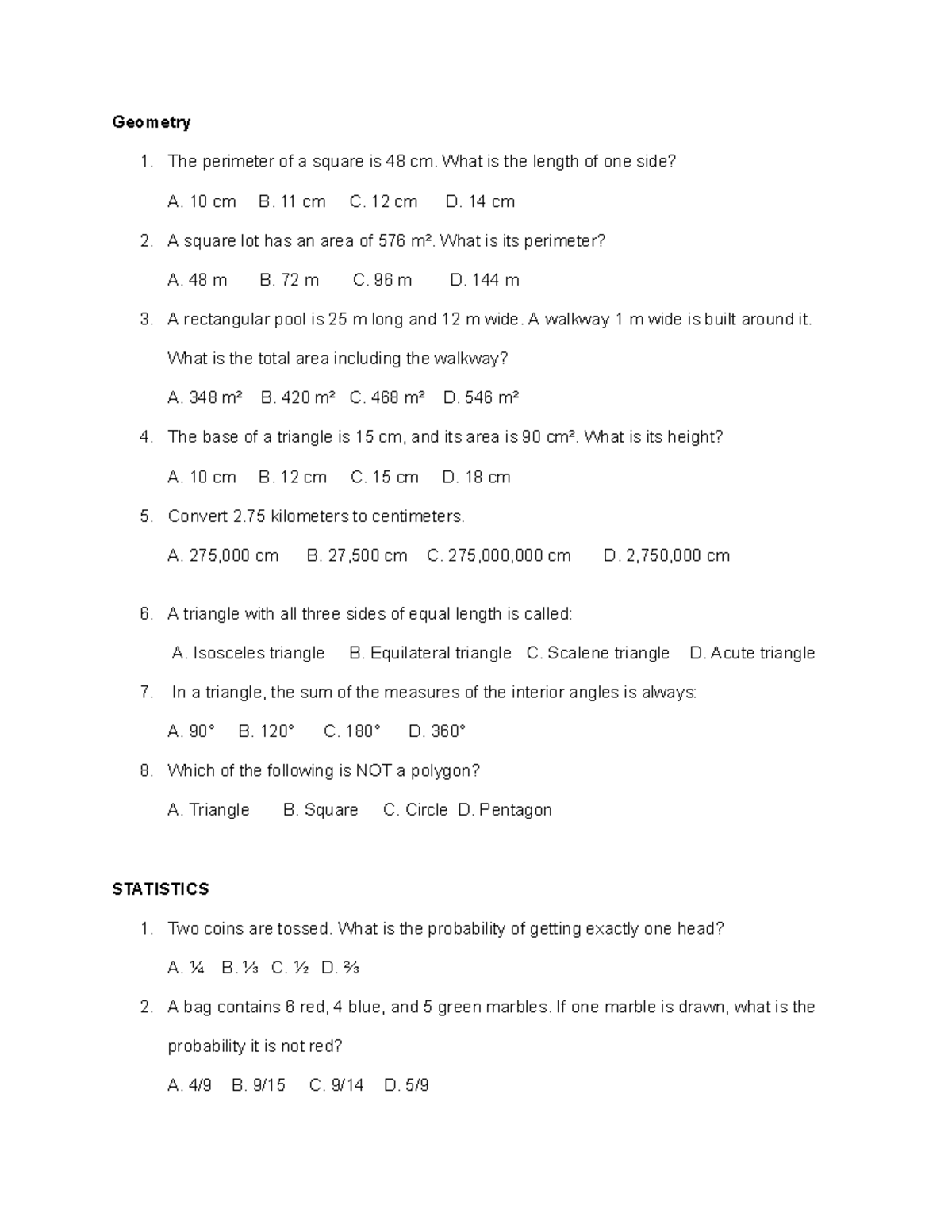Geometry and Statistics Practice Questions for LET - Studocu