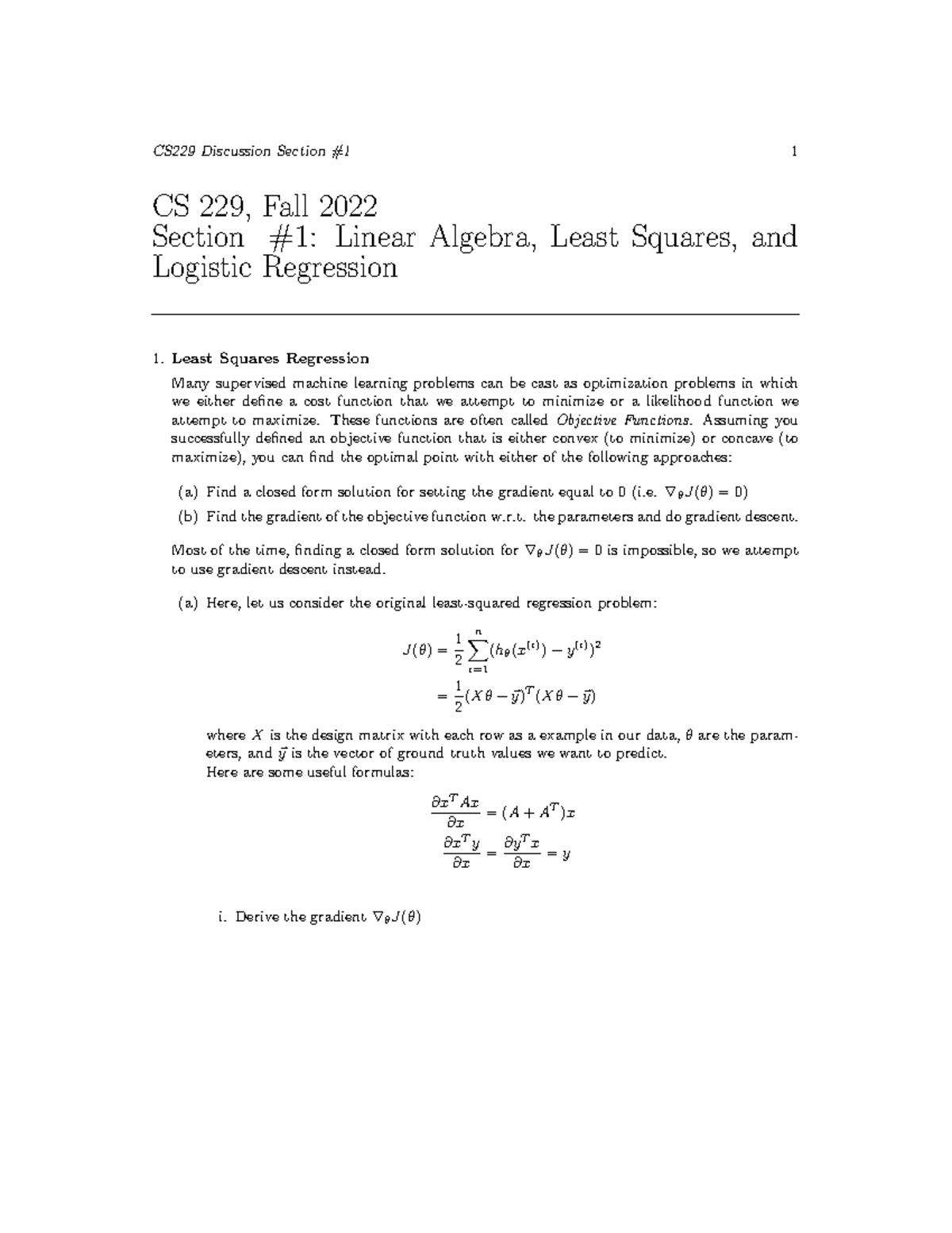 CS229 Fall 22 Discussion Sec 1 Solutions: Linear Algebra, MLE ...