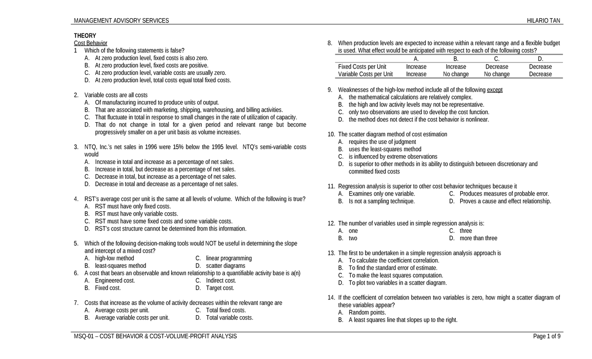 MSQ-01 - Cost Behavior and CVP Analysis Study Guide - Studocu