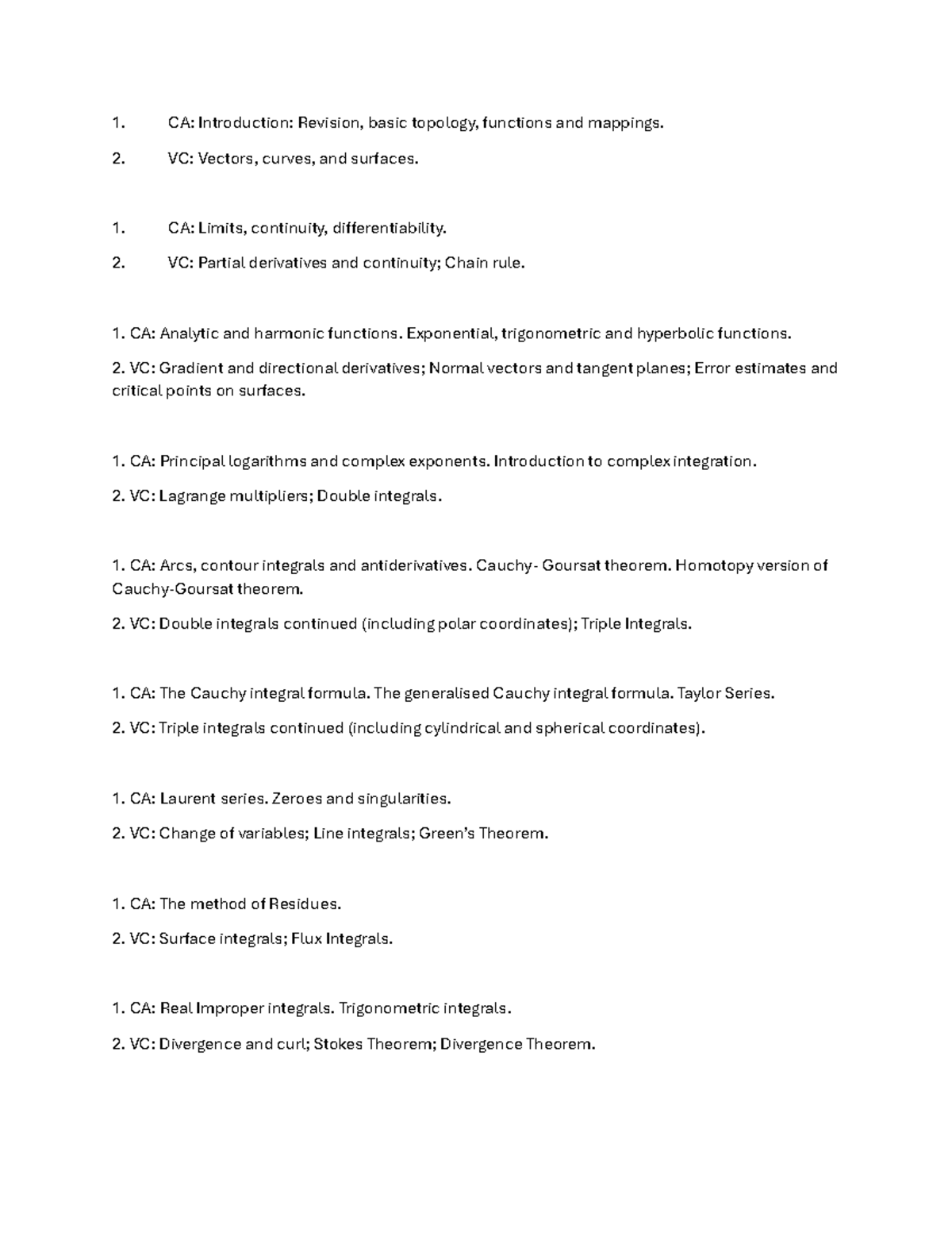 Math - Syllabus - CA: Introduction: Revision, basic topology, functions ...
