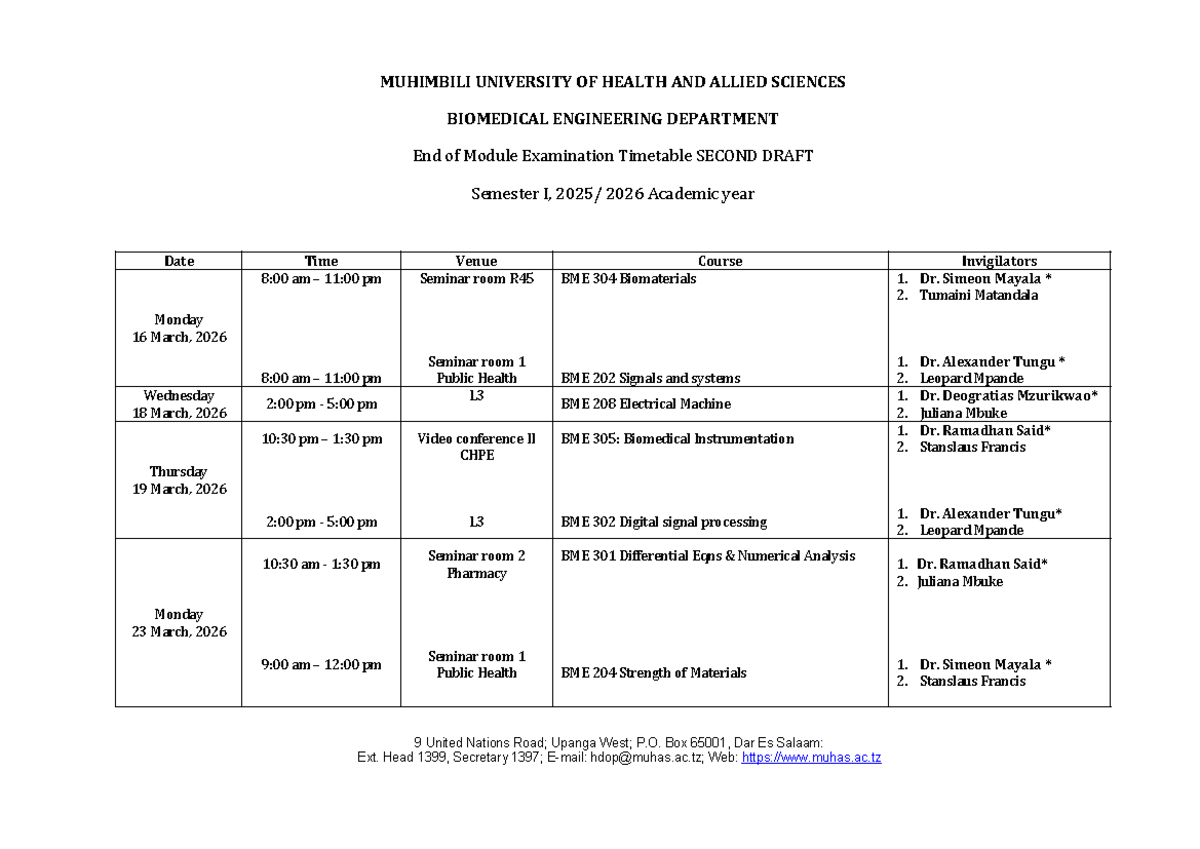 MUHIMBILI UNIVERSITY BME End of Module Exam Timetable - Semester I 2026 ...