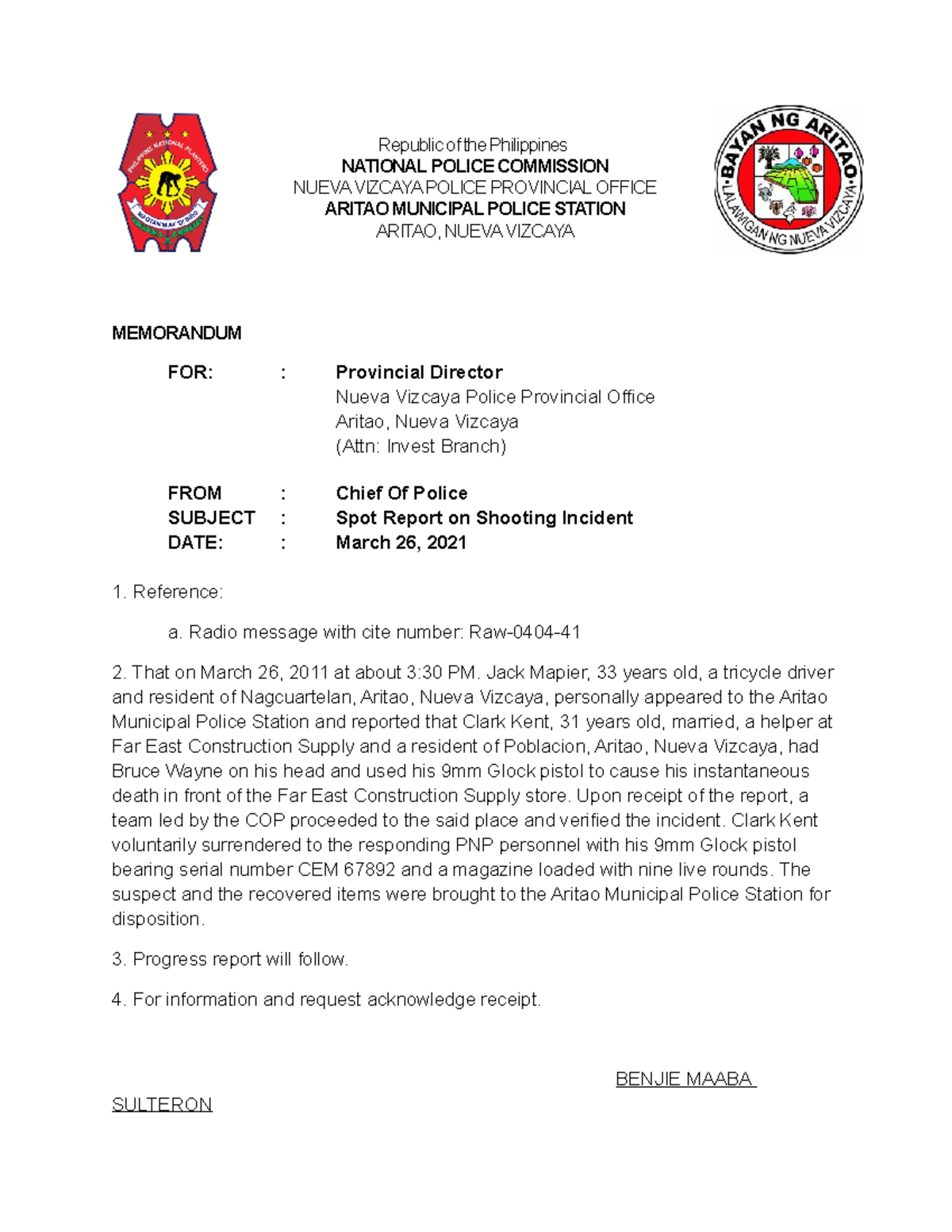 Murder Case Report - Aritao Police Station - March 2021 - Studocu