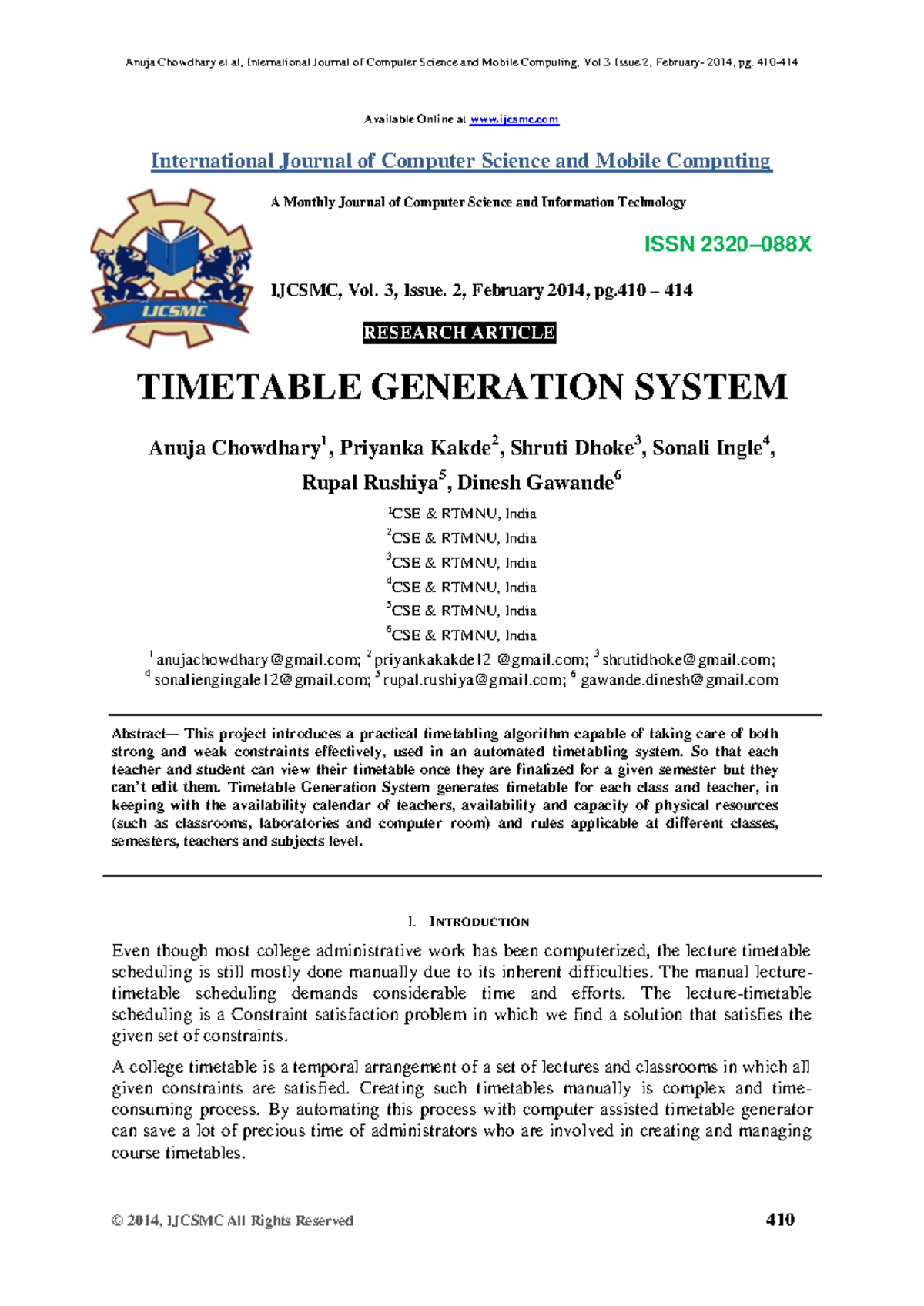 Timetable Generation System for CSE - Research Article Overview - Studocu