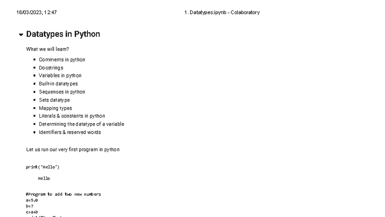 Python Tutorial Notes: Chapter 1 - Basics and Datatypes - Studocu