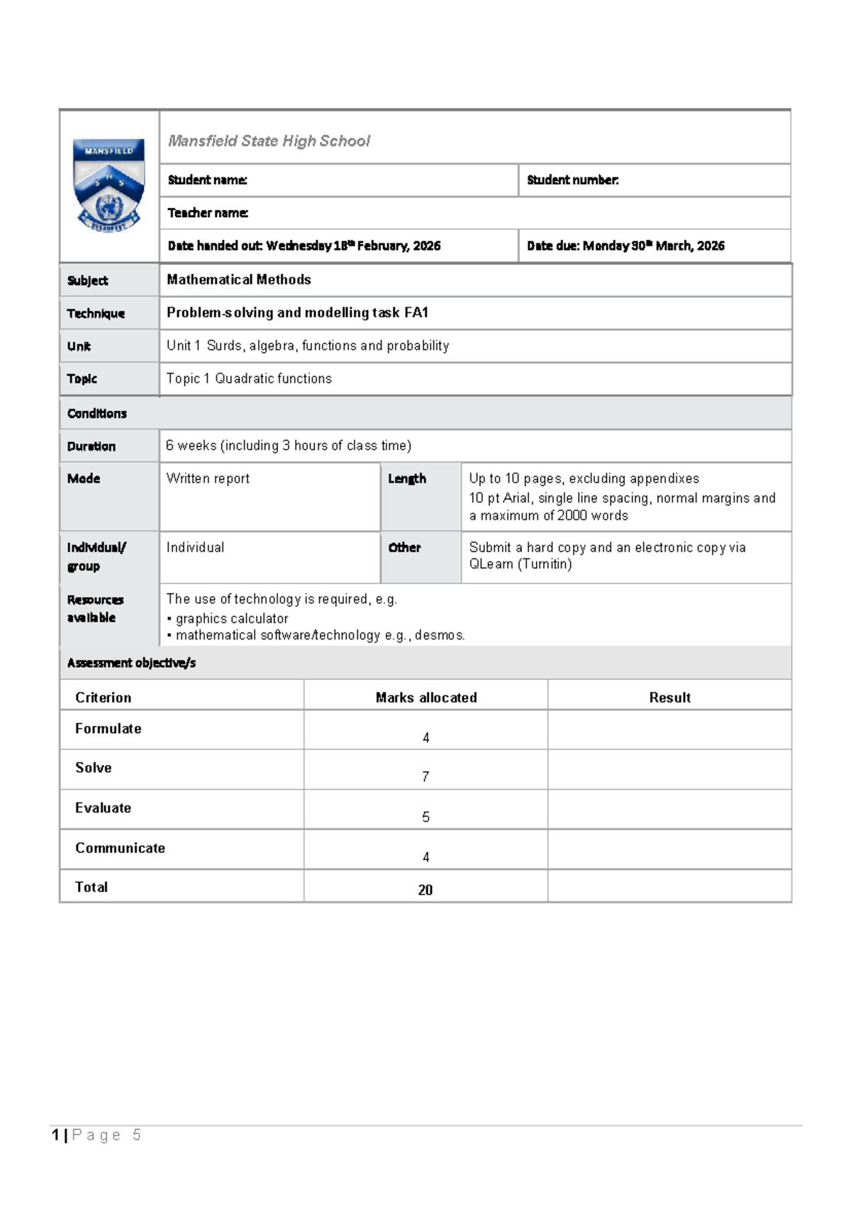 Mathematical Methods Unit 1 PSMT FA1: Bridge Design Task 2026 - Studocu
