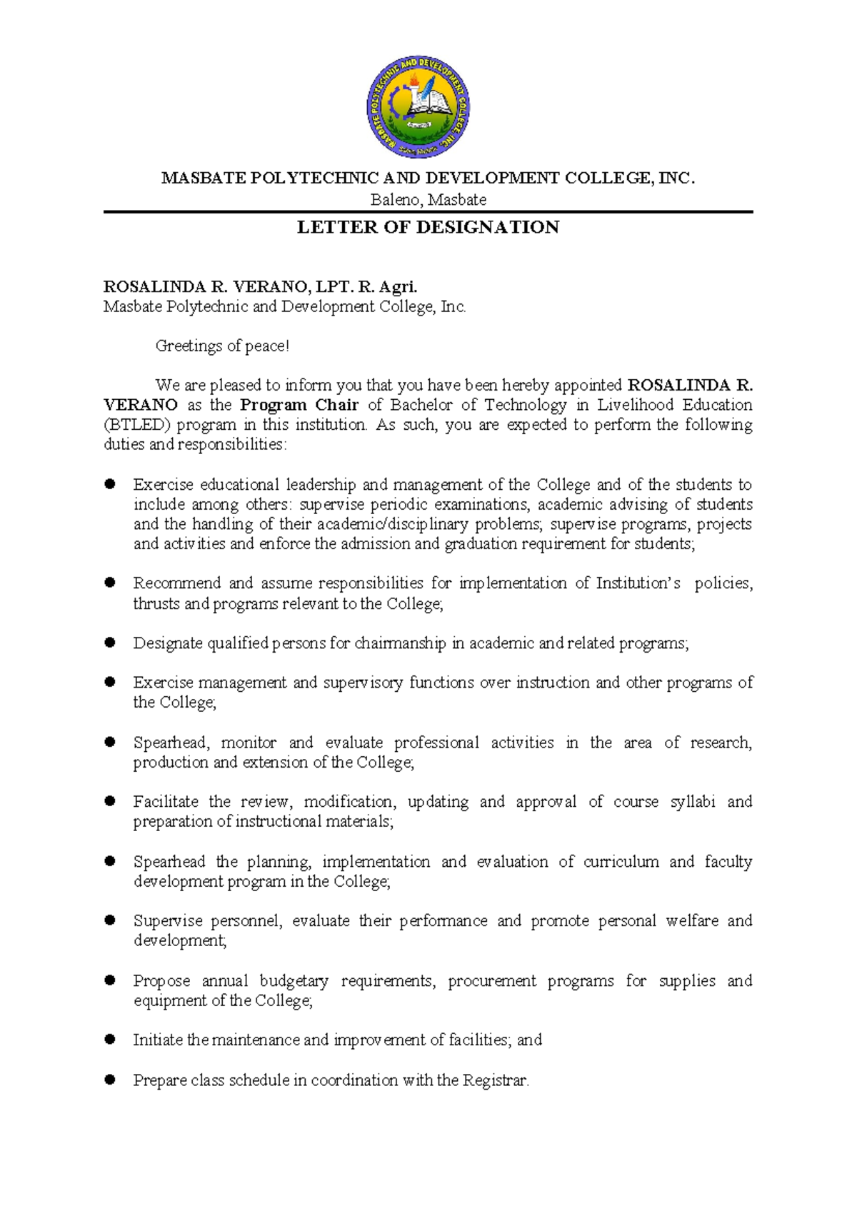 Designation Letter for Dean - Bachelor of Technology in Livelihood Ed ...