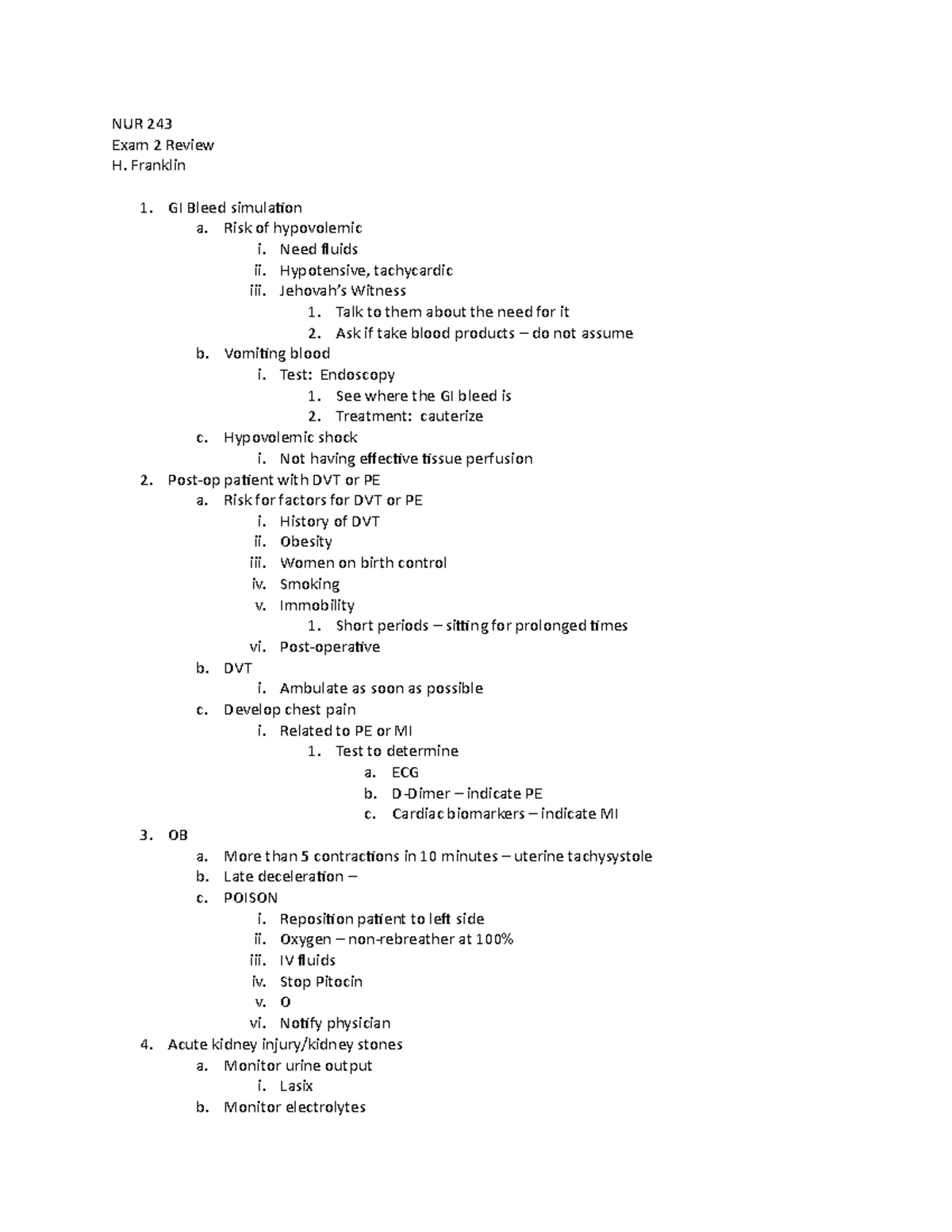 NUR 243 - Comprehensive Exam 2 Review Notes by H. Franklin - Studocu