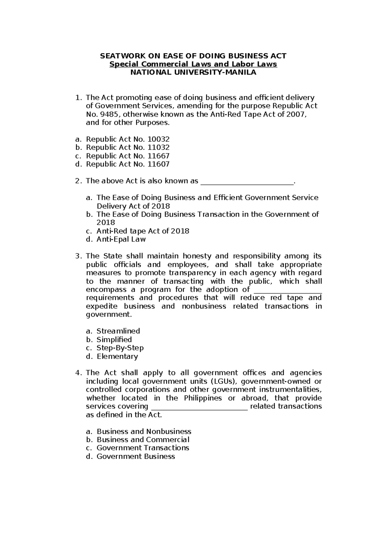 Seatwork Ease of Doing Business - SEATWORK ON EASE OF DOING BUSINESS ...