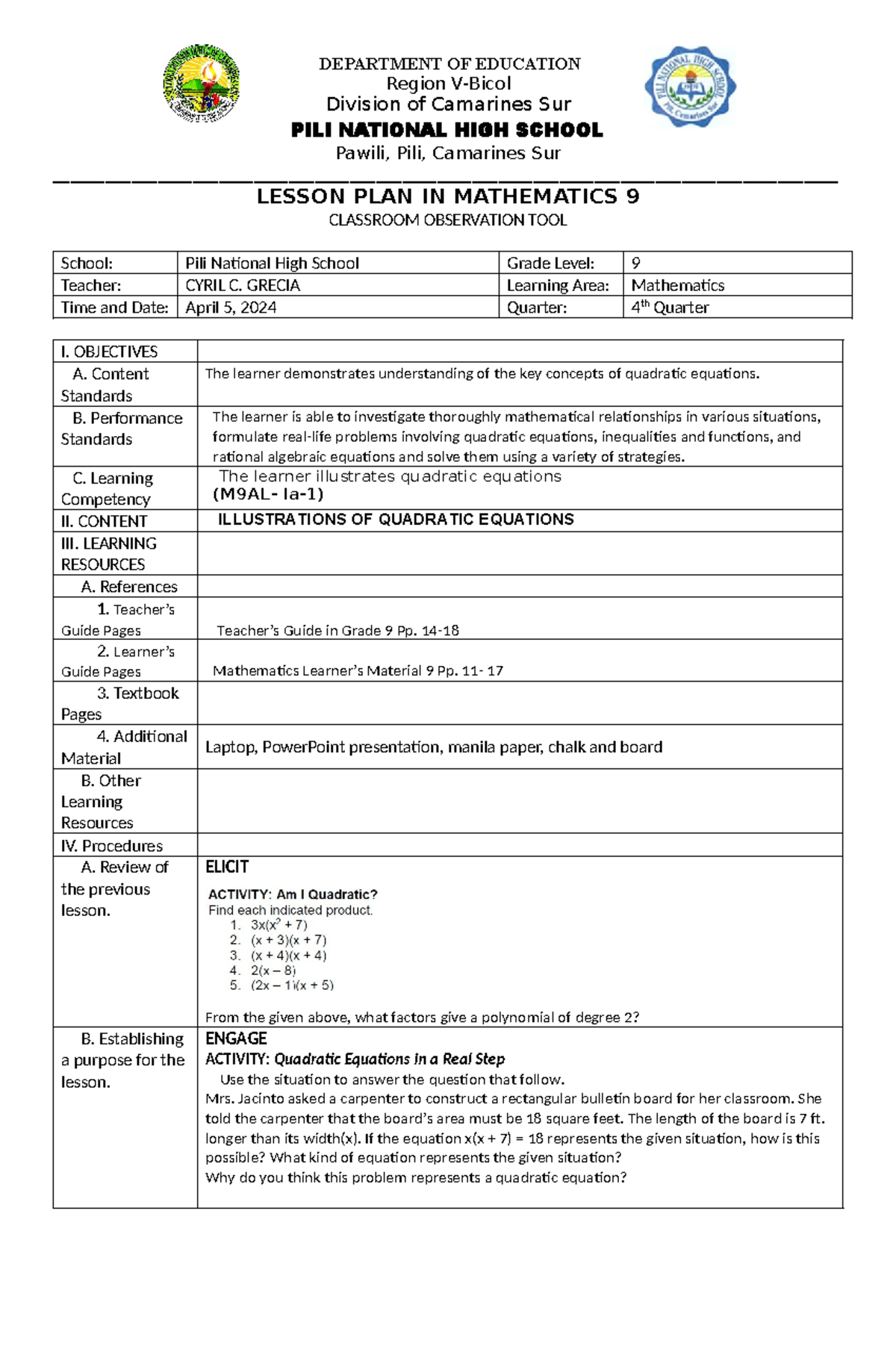 Lesson plan math 9 2 - Notes - DEPARTMENT OF EDUCATION Region V-Bicol ...