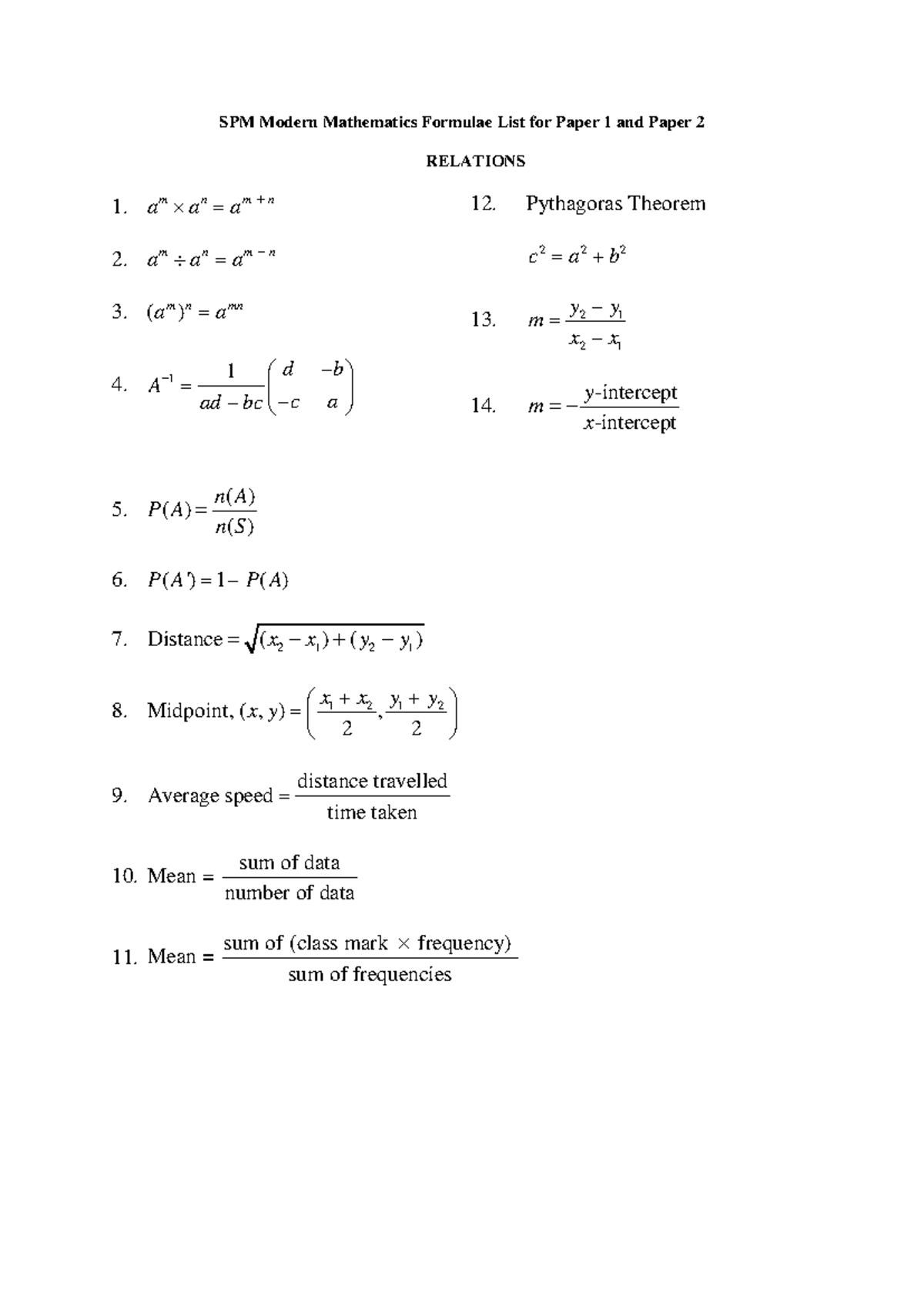 SPM Modern Mathematics Formulae for Paper 1 & 2 - Studocu