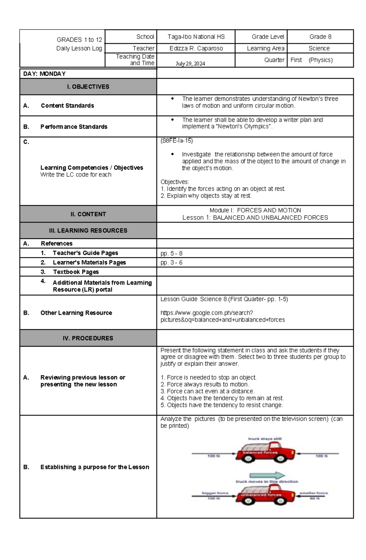 Daily Lesson Log for Science 8: Forces and Motion (1st Quarter) - Studocu