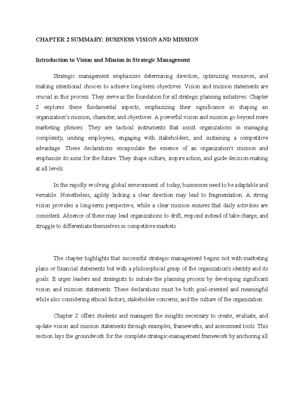 CHAPTER 2 SUMMARY: BUSINESS VISION AND MISSION IN STRATEGIC MGMT - Studocu
