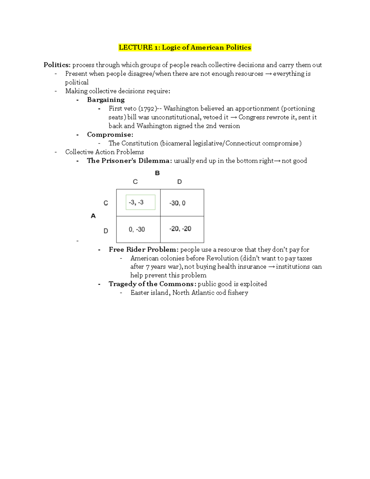 Polisci 1 Lecture Notes: American Politics & Institutions (Lectures 1-4 ...