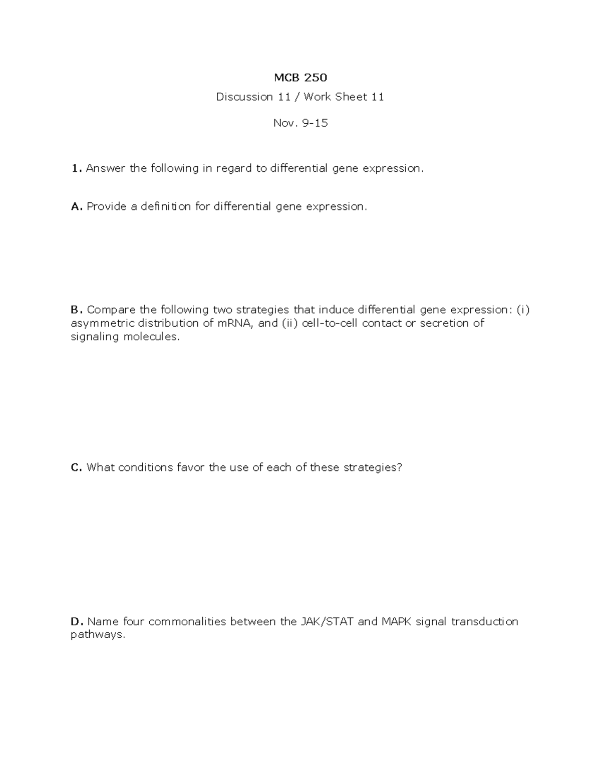 MCB250 Discussion 11 & Worksheet 11 (FA23): Gene Expression Insights ...