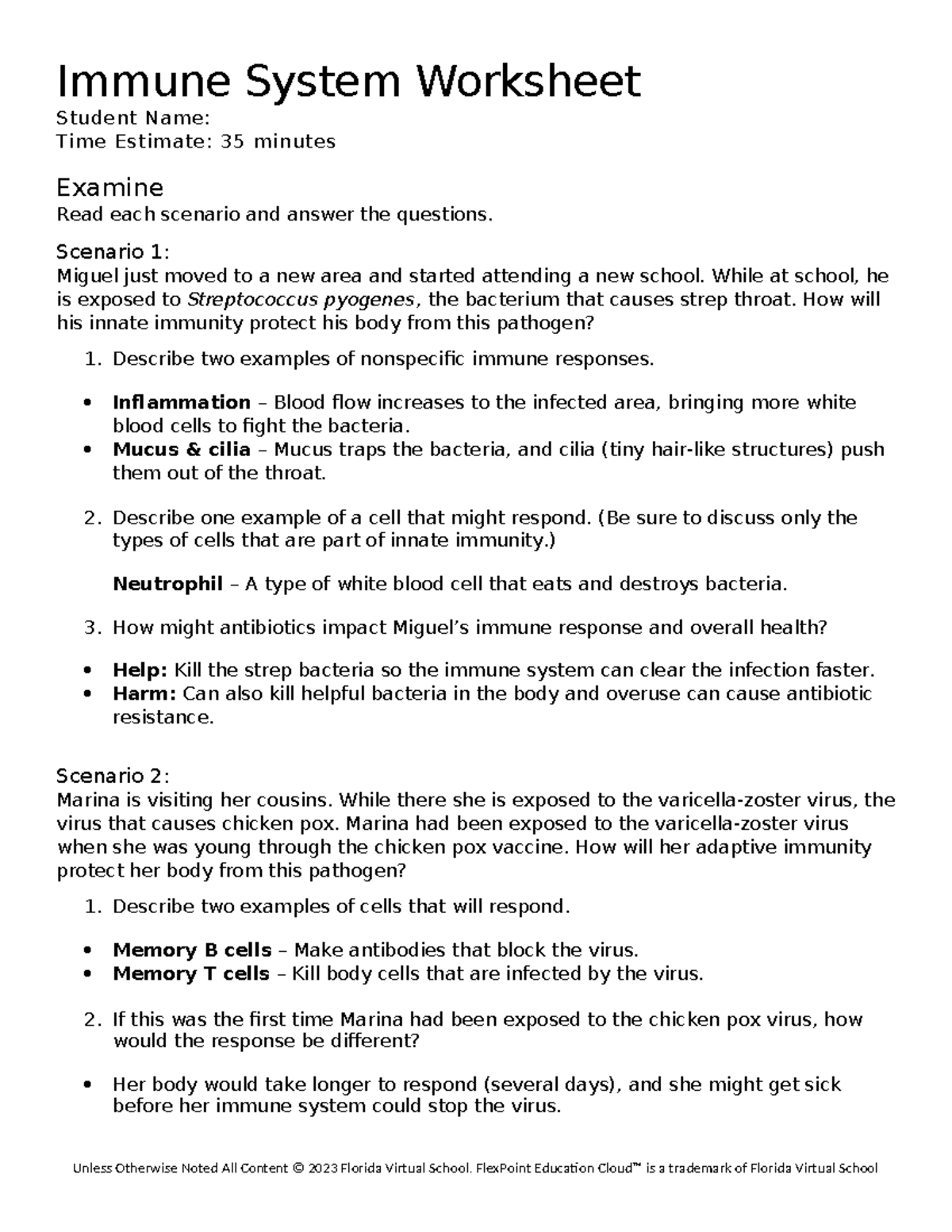 Immune System Worksheet: Innate & Adaptive Immunity Scenarios - Studocu