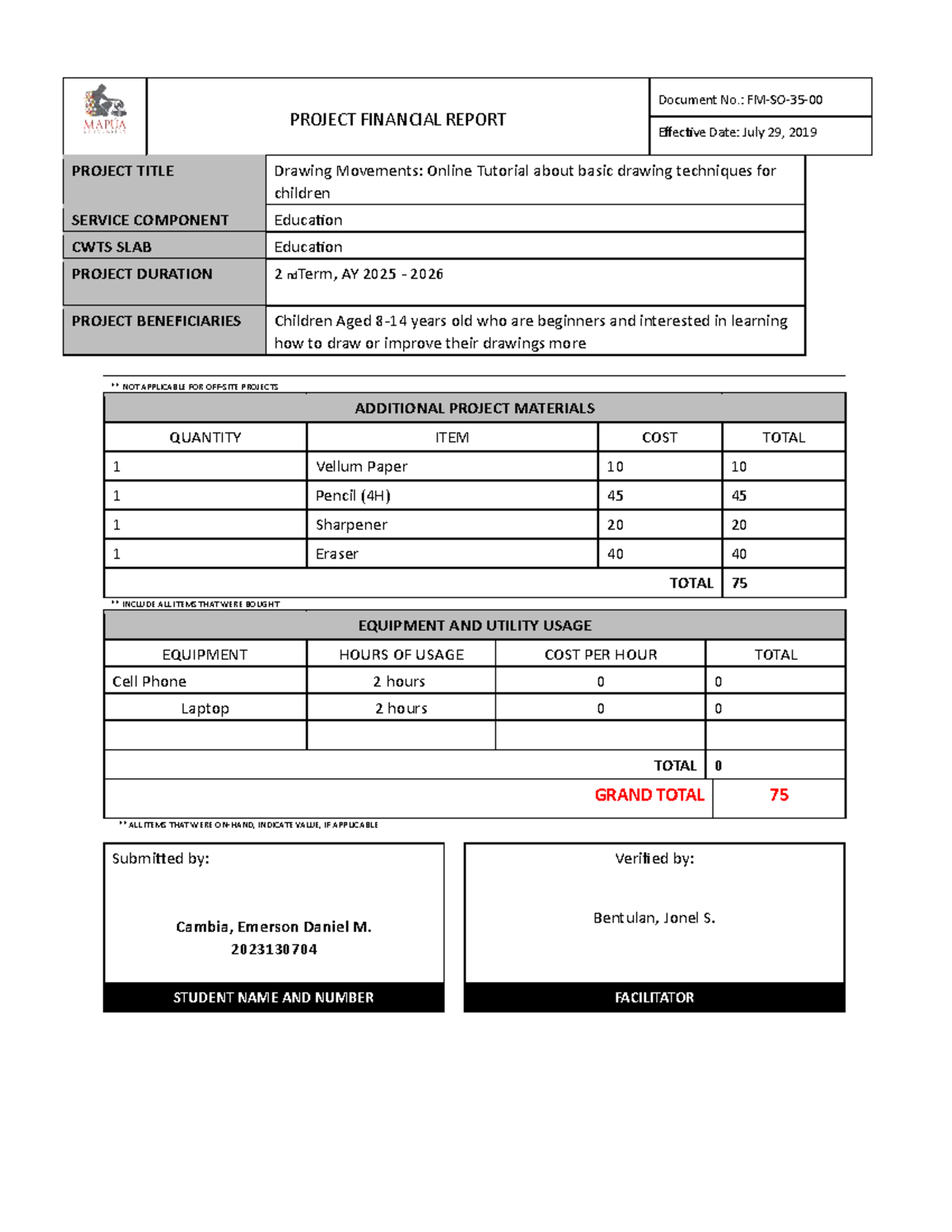 PROJECT FINANCIAL REPORT: Drawing Movements Tutorial (CWTS) - Studocu
