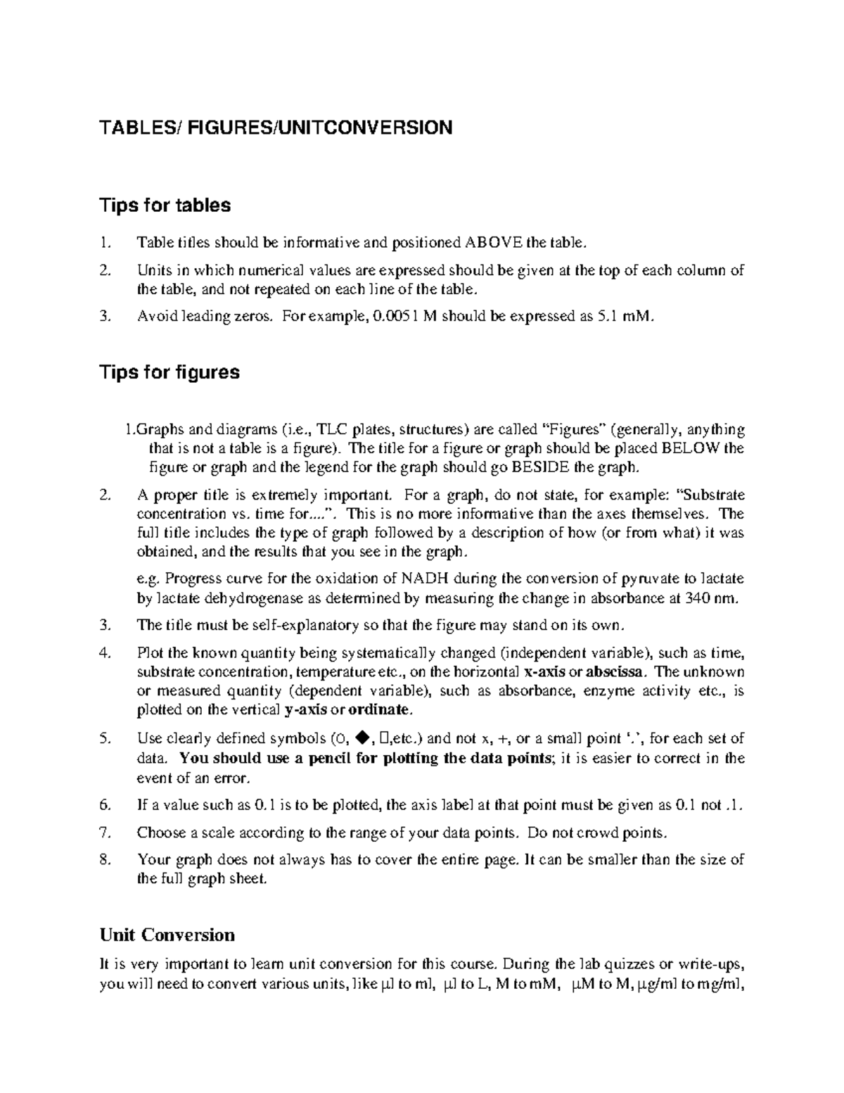 Tips for Tables, Figures, and Unit Conversion - TABLES/ FIGURES ...