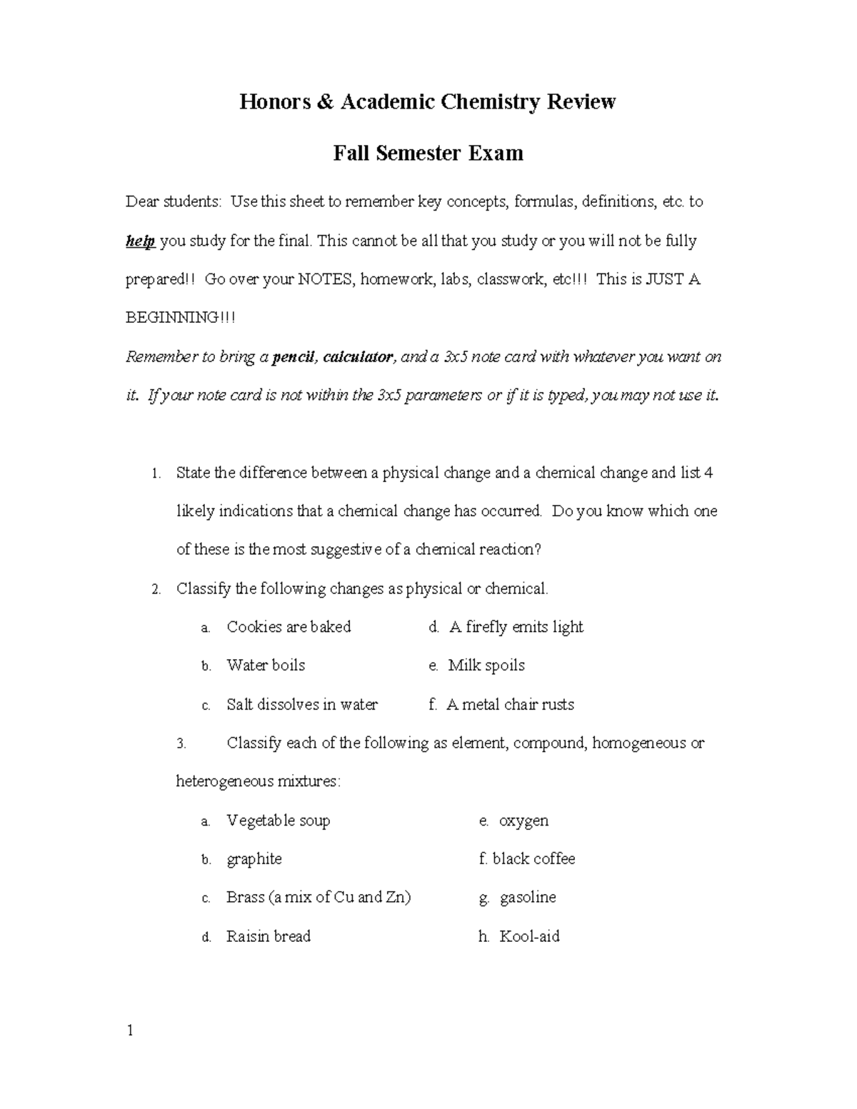 Honors academic chemistry (H) fall semester final exam review notes ...