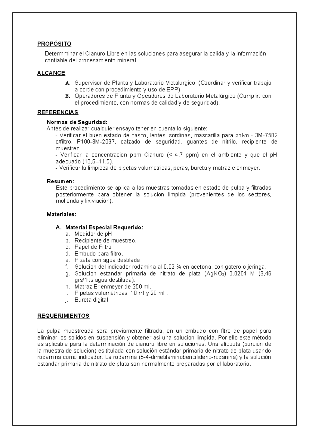 Determinación del Cianuro Libre en Soluciones (LAB-205) - Document Preview