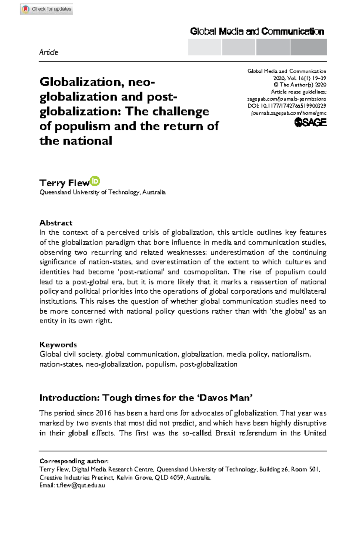 900329 Media and Communication: Globalization, Populism, and ...