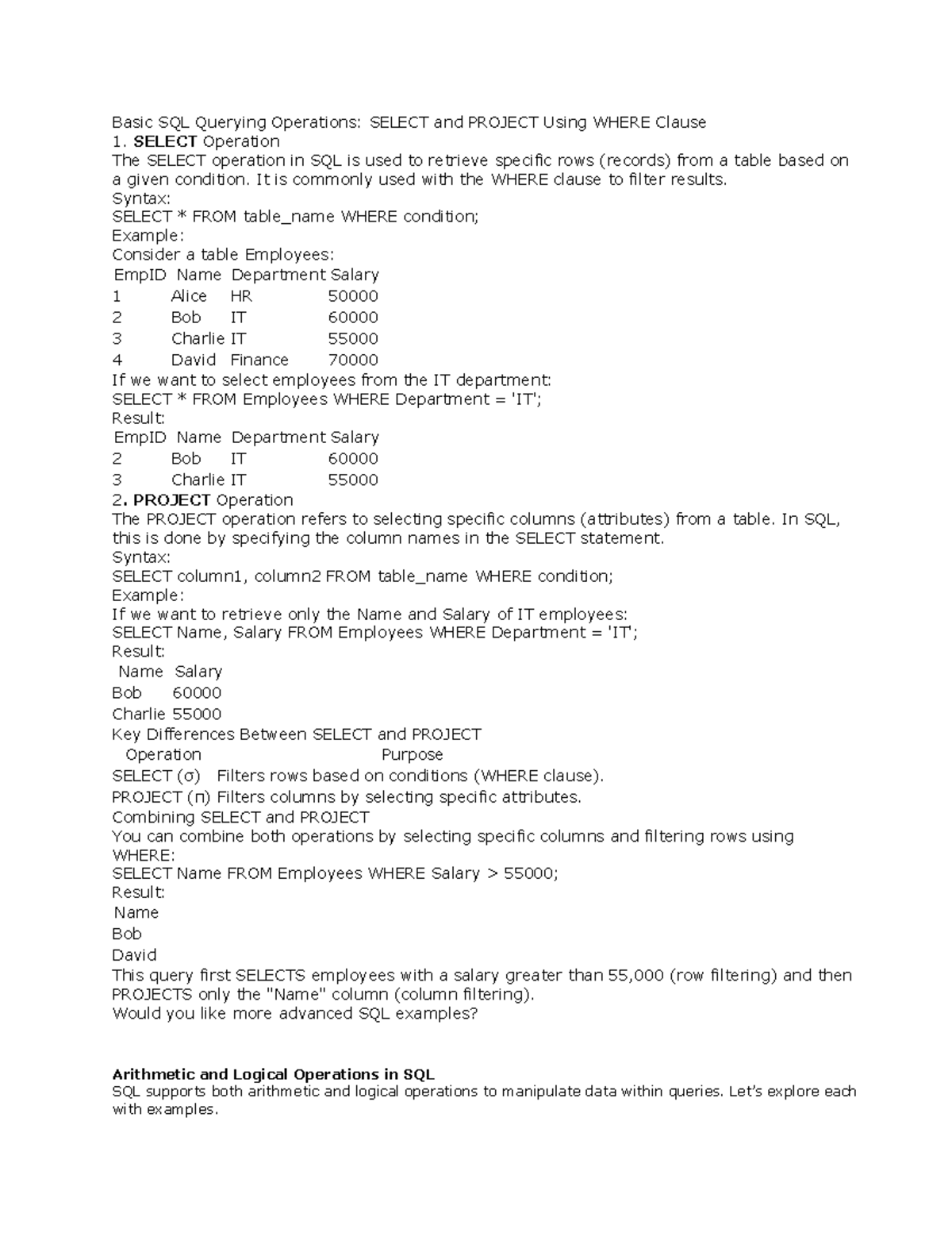 UNIT3-DBMS: SQL Querying Operations - SELECT, PROJECT, and Joins - Studocu