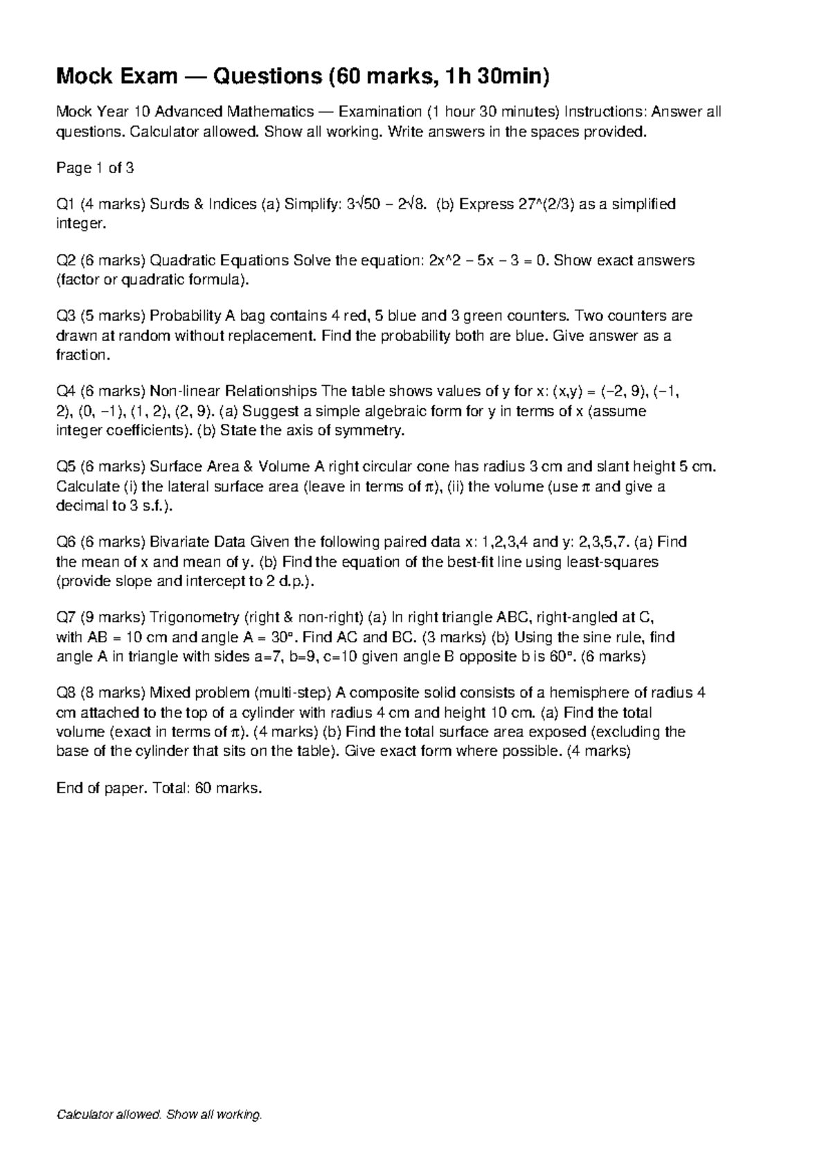Mock Exam Questions - Year 10 Adv Math (60 Marks, 1h 30min) - Studocu