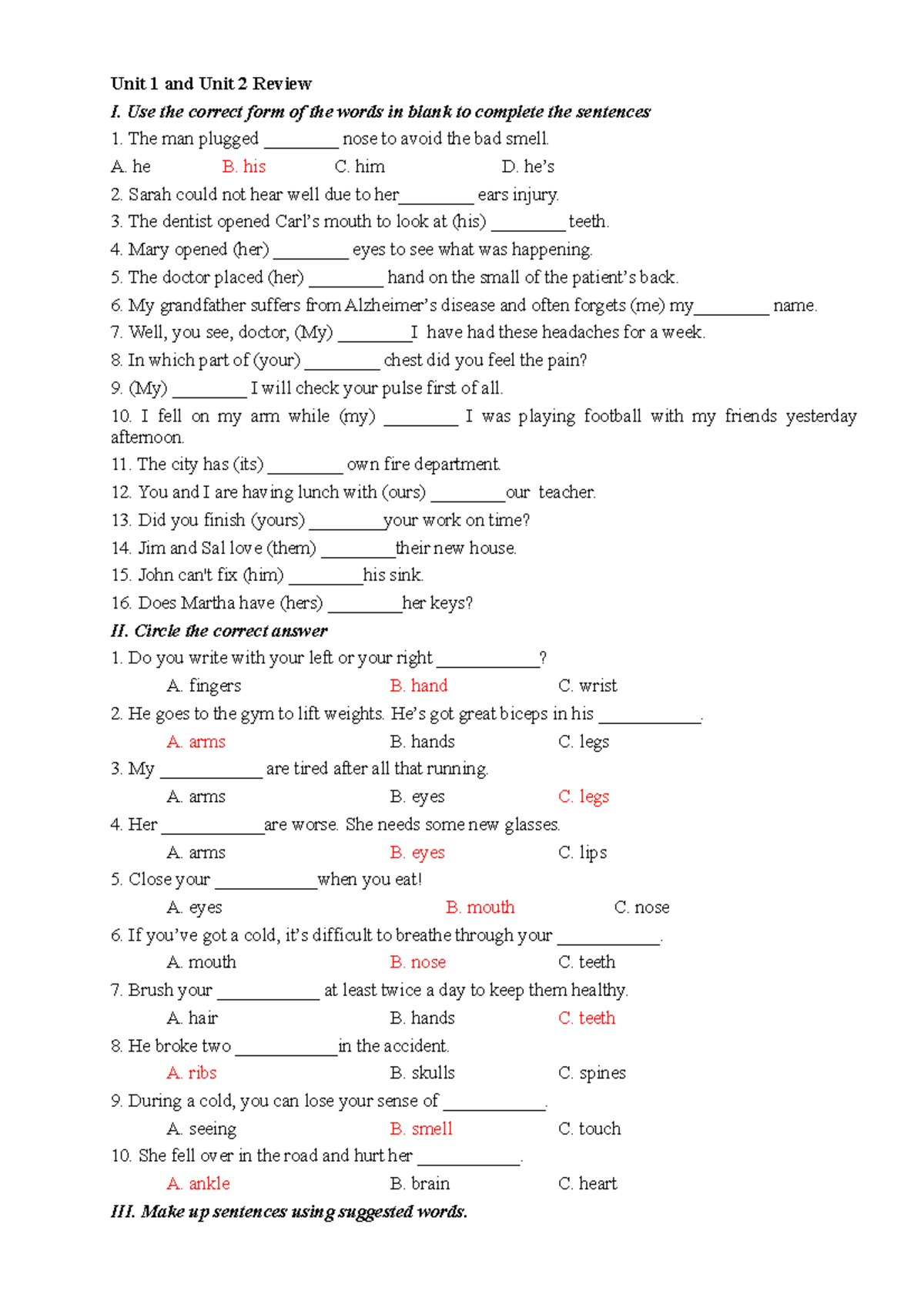 Unit 1 & 2 Review: Vocabulary & Sentence Completion Exercises - Studocu