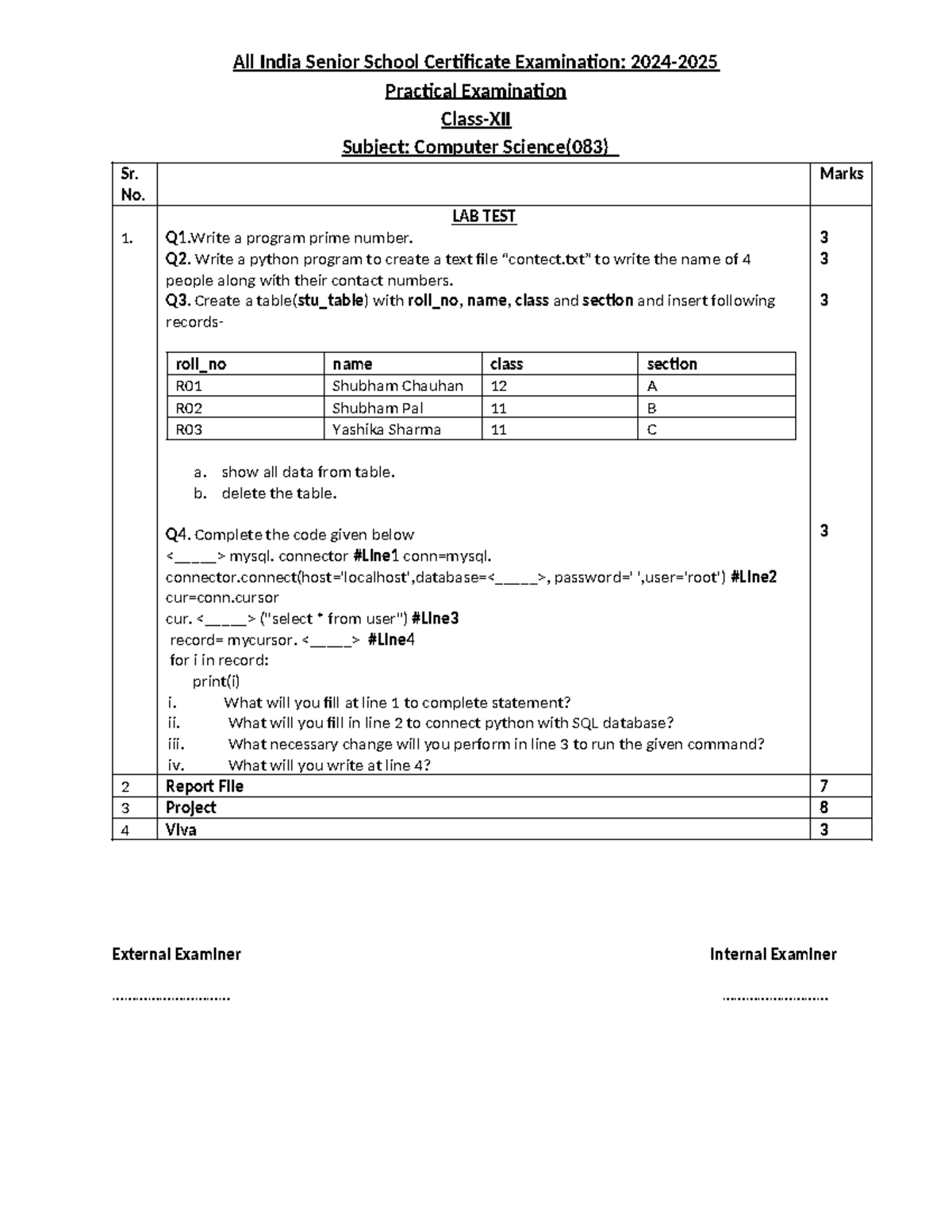 Class 12 Computer Science Internal Exam Paper - 2024 - Studocu