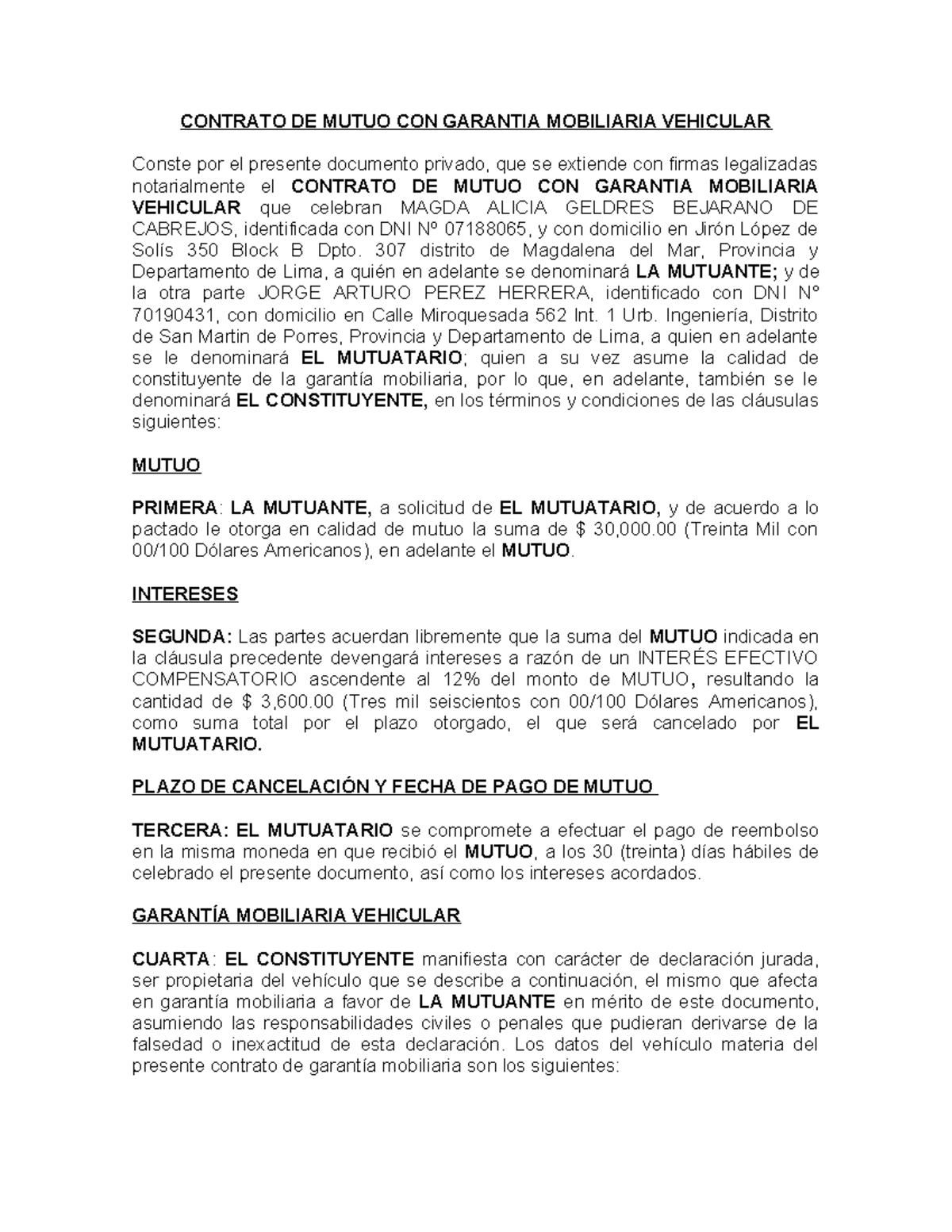Contrato de Mutuo con Garantía Mobiliaria Vehicular - Jorge Pérez - Document Preview