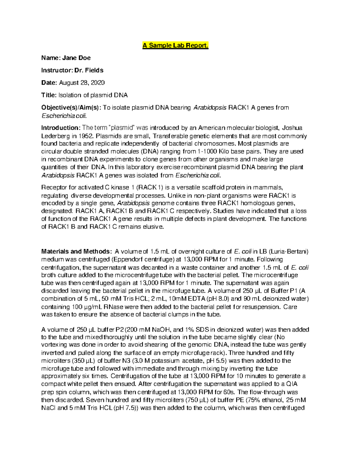 Laboratory Report: Isolation of Plasmid DNA from E. coli - Studocu