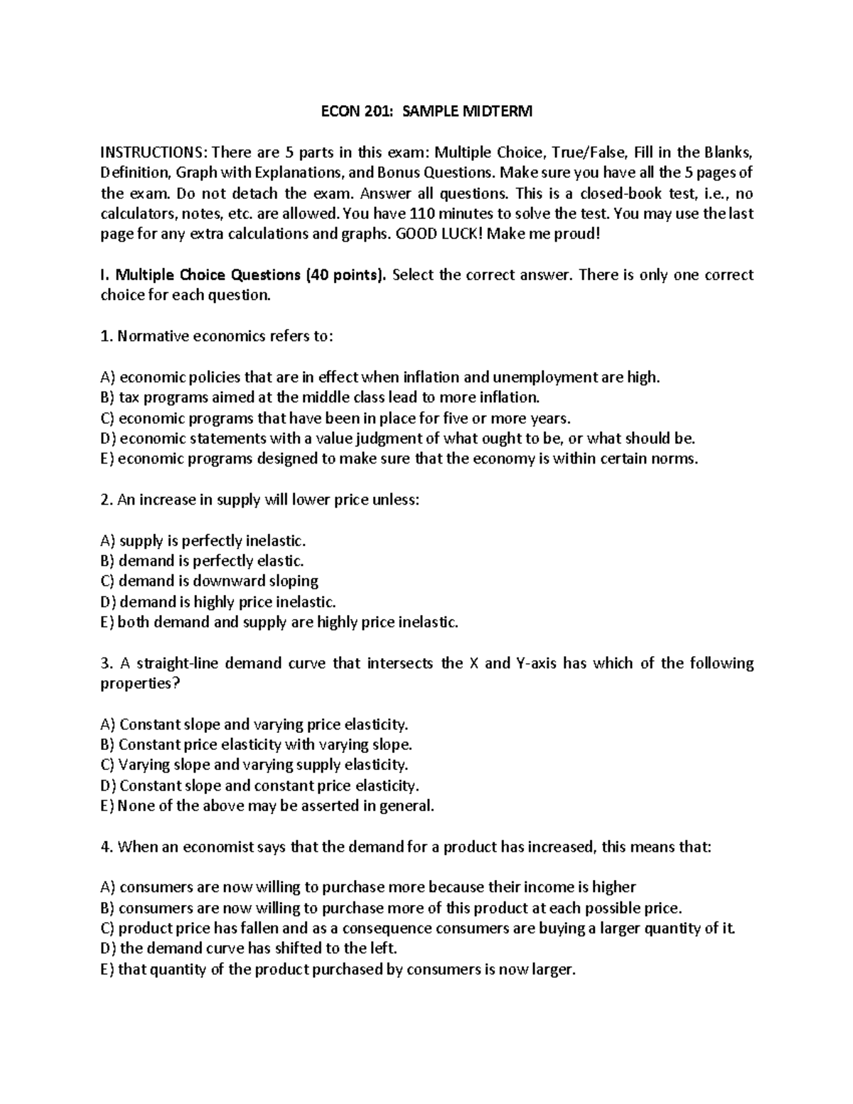 ECON 201: Sample Midterm Exam Instructions and Questions - Studocu