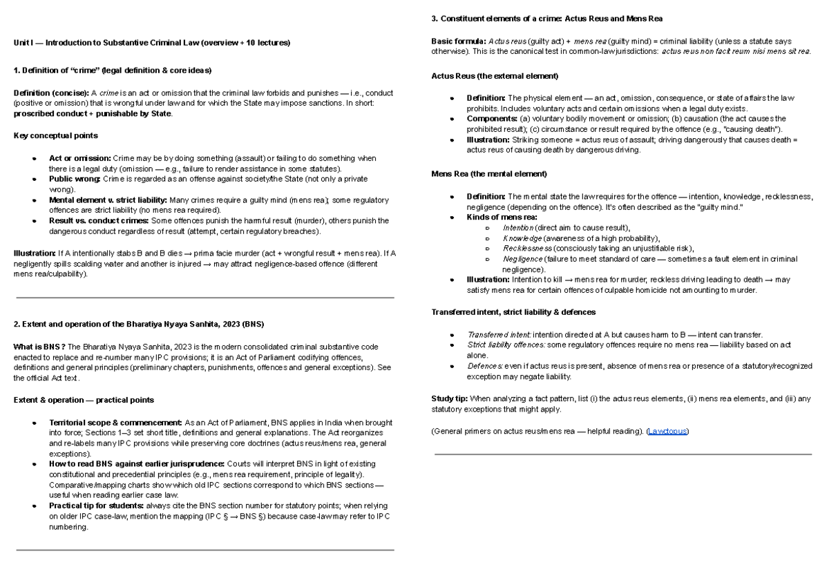 Crimes Chits: Actus Reus & Mens Rea Overview - Unit I (BNS) - Studocu