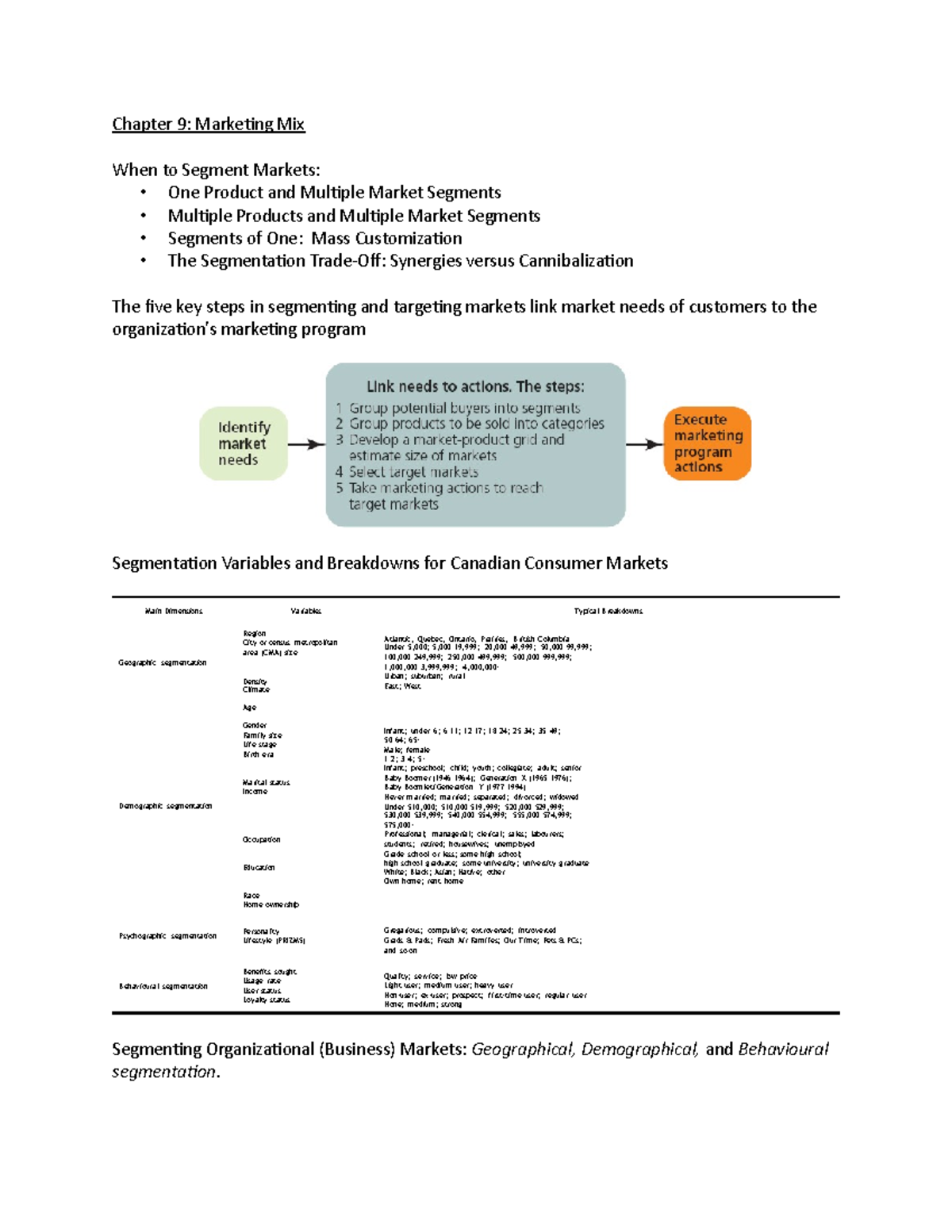 Chapter 9 Notes - Chapter 9: Marketing Mix When to Segment Markets ...