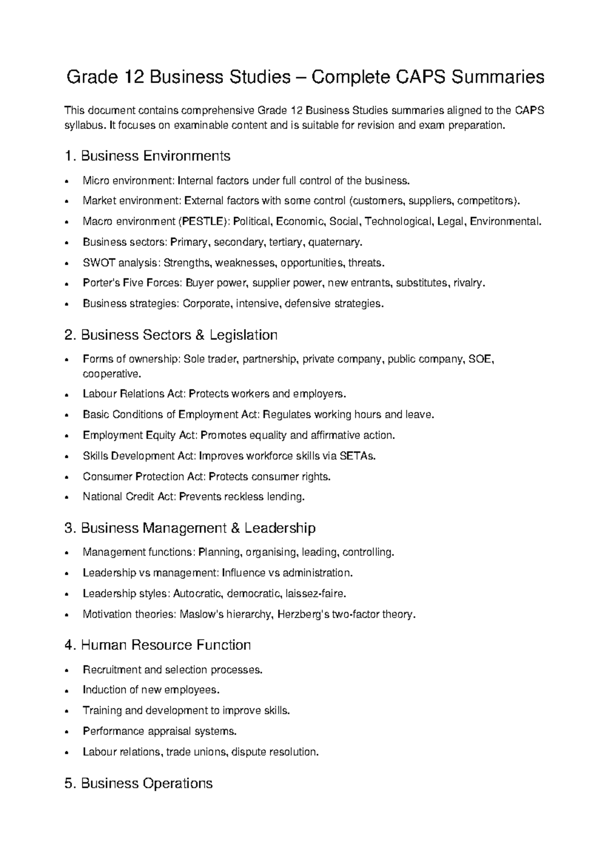 Grade 12 Business Studies CAPS Exam Prep Summaries - Studocu