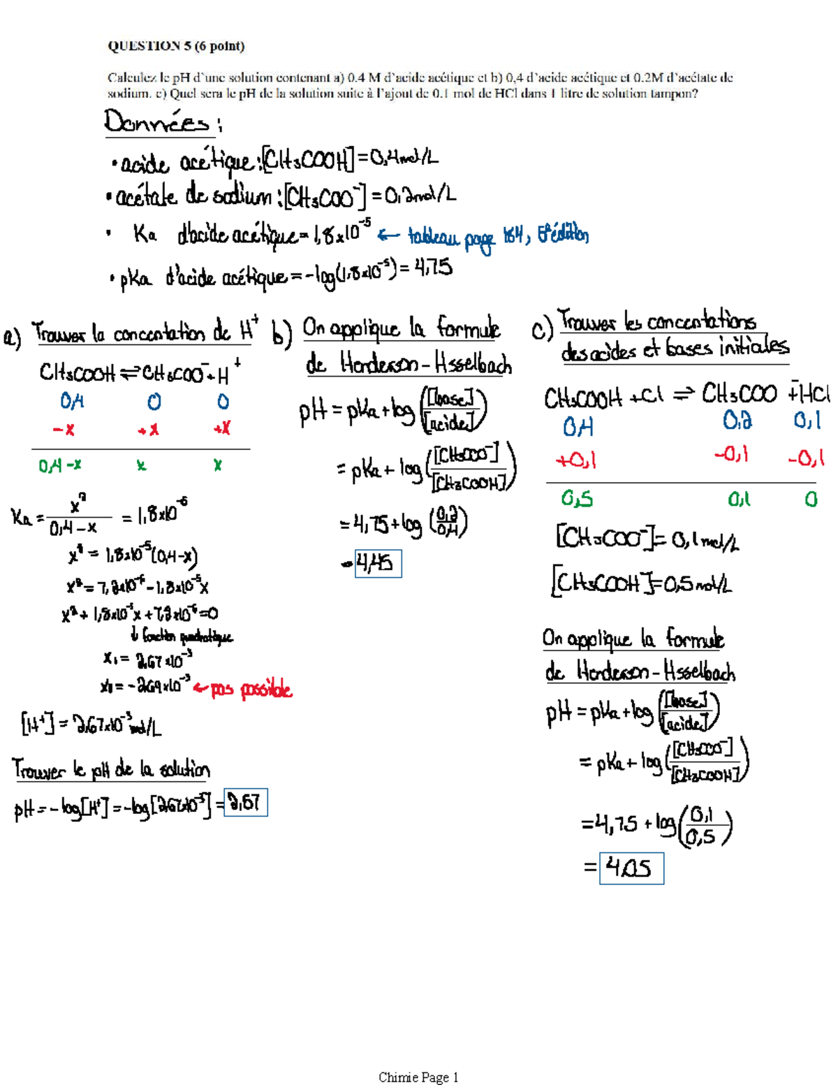 Chimie - Devoir 2 - Calcul du pH d'une solution tampon - Studocu