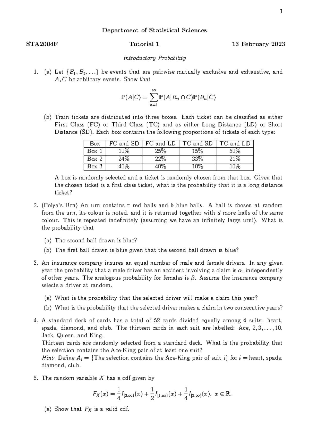 Tutorial 1-1 - Tut 1 - 1 Department of Statistical Sciences STA2004F ...