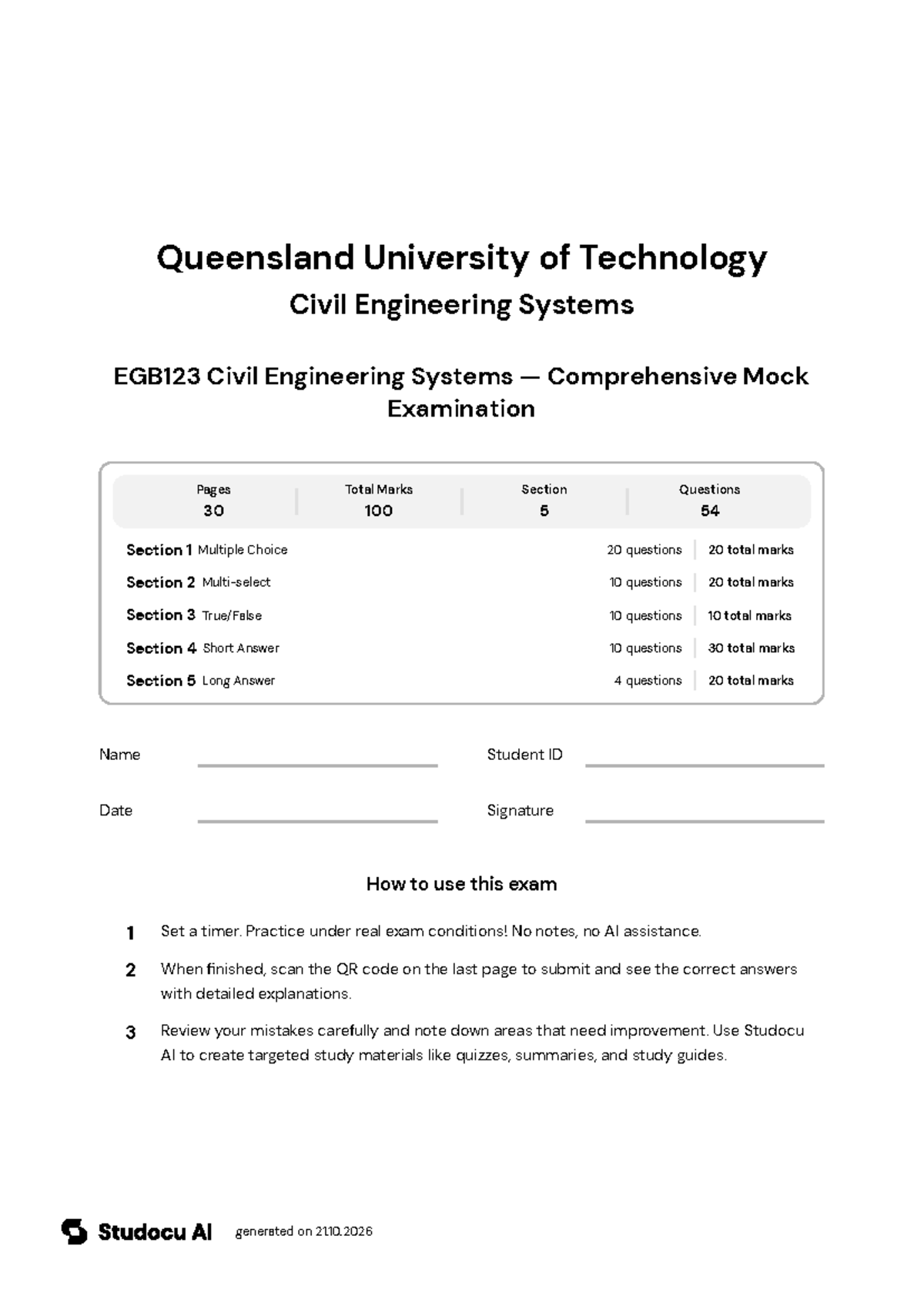 EGB123 Civil Engineering Systems - Comprehensive Mock Exam - Studocu