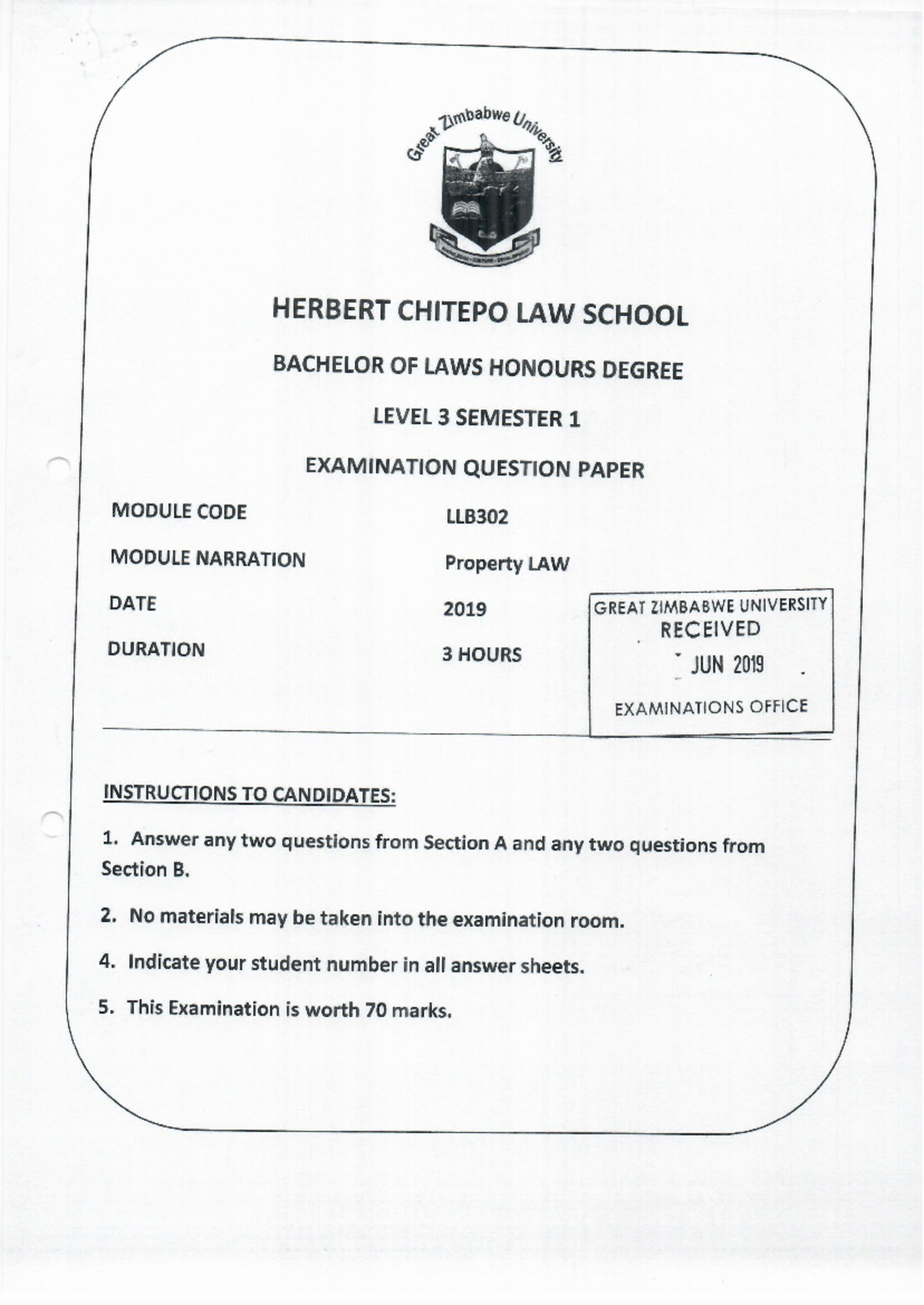 LB302 Property Law - June 2019 Examination Question Paper - Studocu