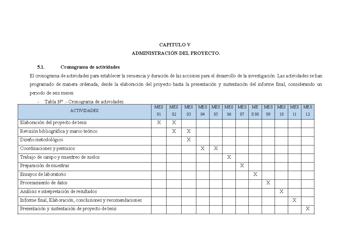 CAPITULO V: ADMINISTRACIÓN DEL PROYECTO Y CRONOGRAMA DE ACTIVIDADES ...