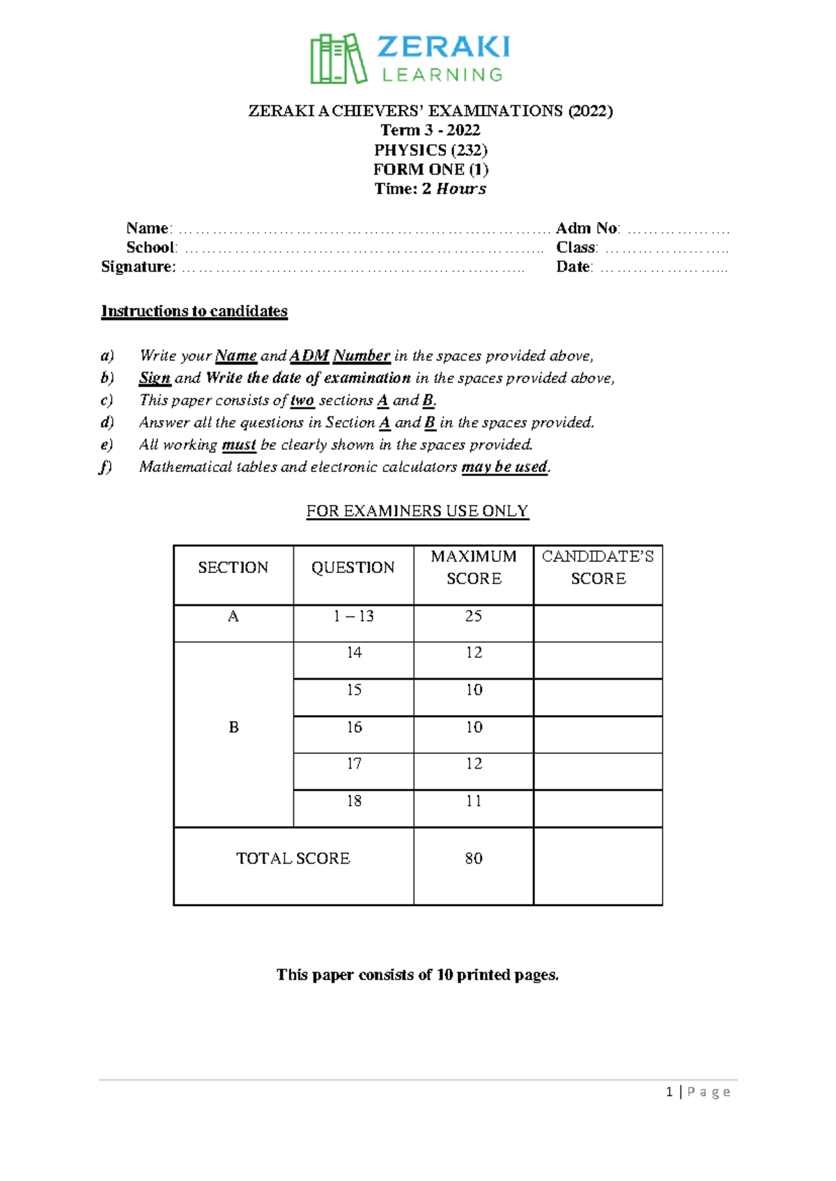Final Exam Physics (232) Form One Term 3 - 2022 Exam Paper - Studocu